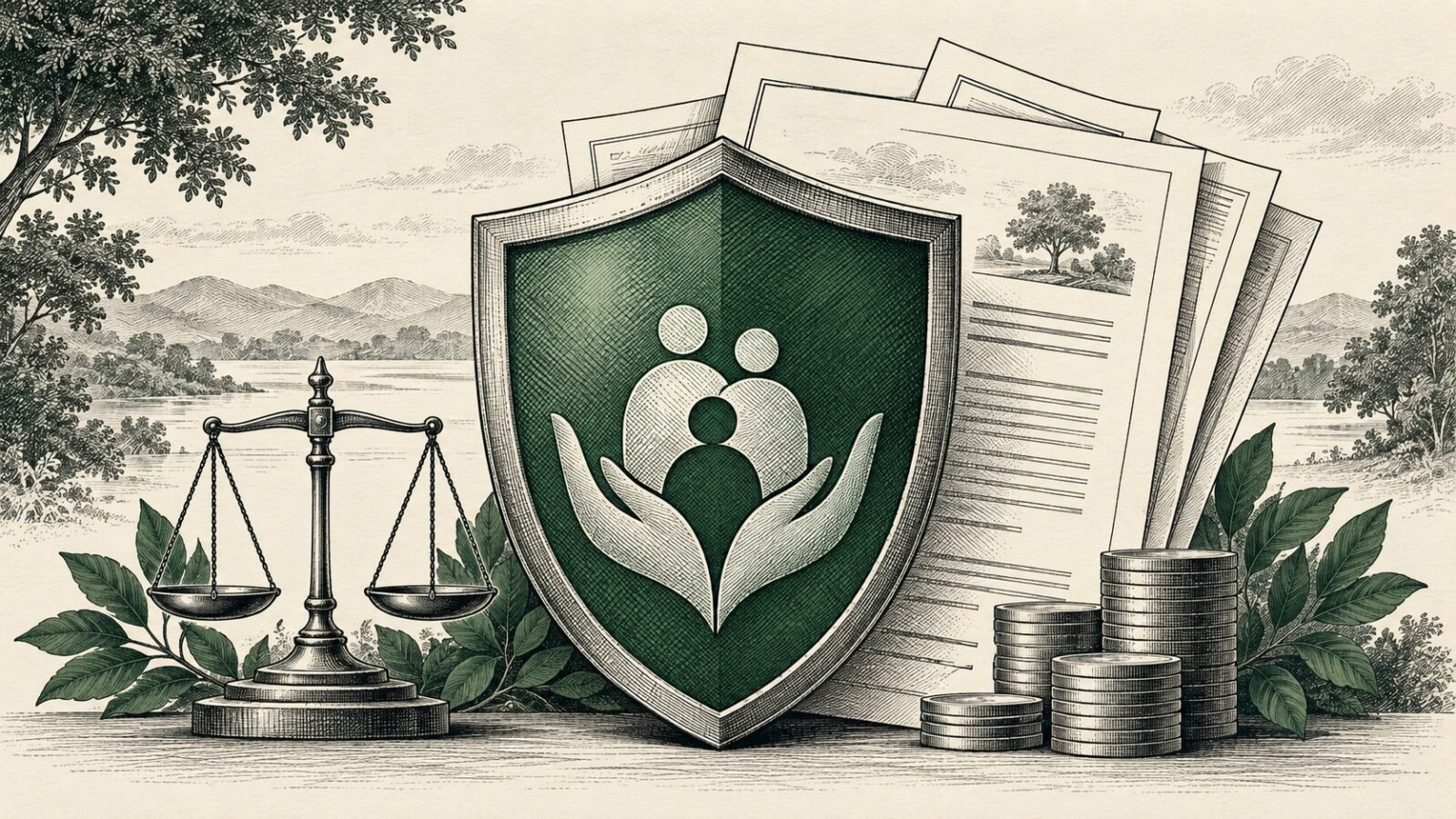 Editorial illustration of a protective shield, insurance policy documents, balance scales and coins.