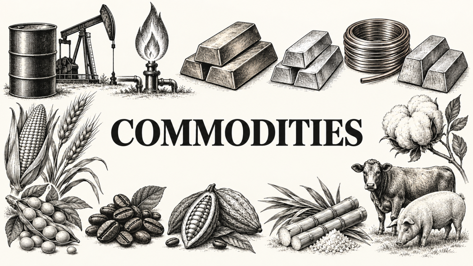 Black-and-white illustration of energy, metals, crops and livestock commodity markets