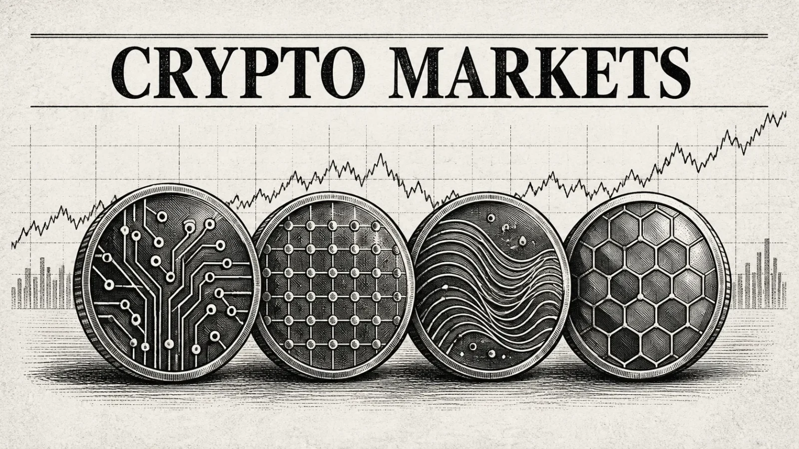 Black-and-white illustration of Bitcoin, Ethereum, Solana and XRP digital-asset markets