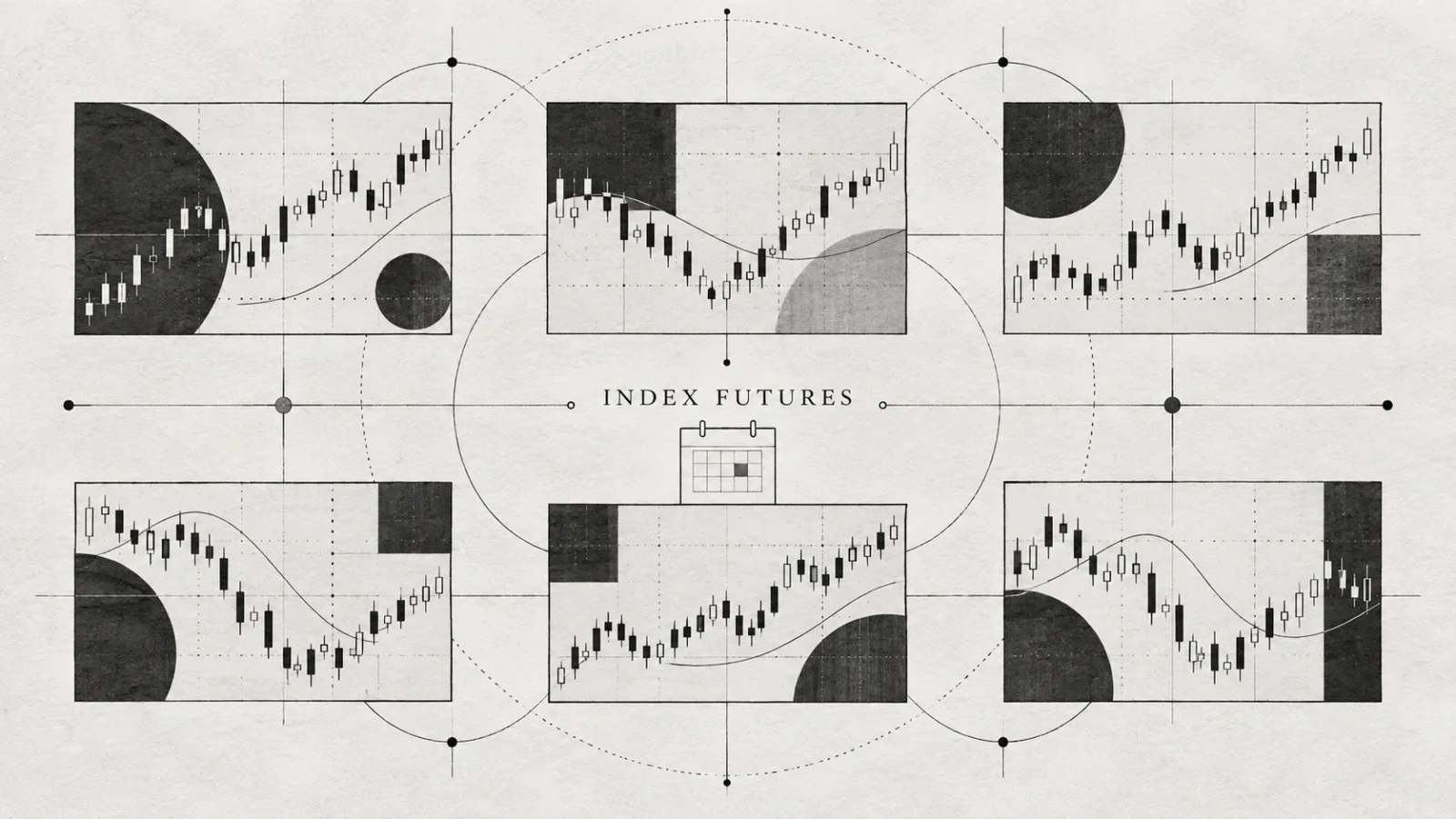 Abstract black-and-white illustration of six global index-futures market panels