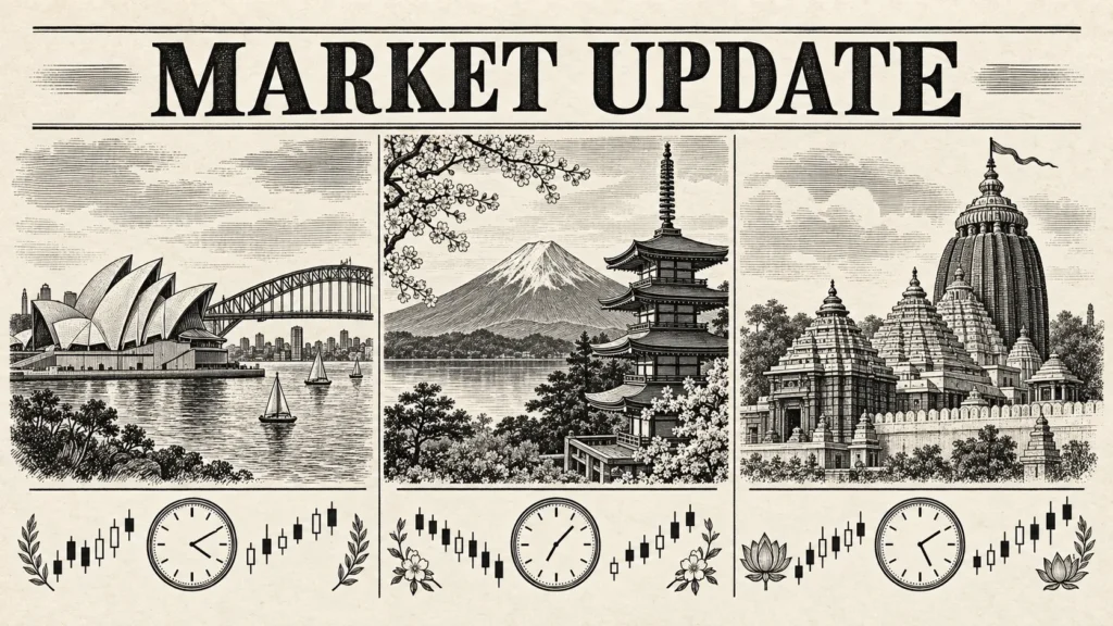 Black-and-white market illustration with Sydney, Japan and Shri Jagannath Temple in Puri