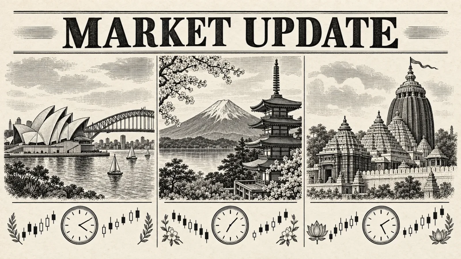 Black-and-white market illustration with Sydney, Japan and Shri Jagannath Temple in Puri