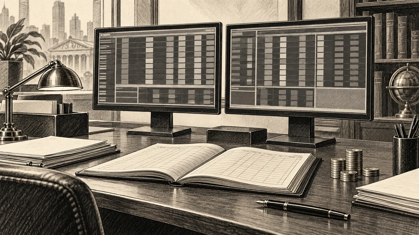 Conceptual ink illustration of brokerage terminals, a ledger, paperwork and coins; screens contain no real market data.
