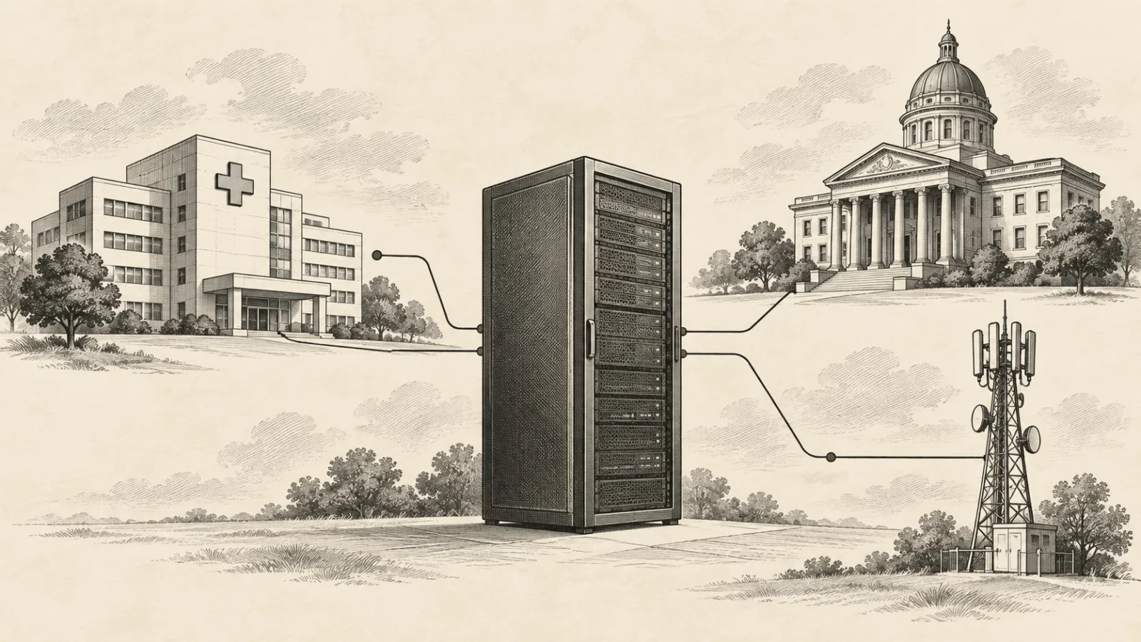 Conceptual ink illustration of enterprise servers connected to healthcare, civic administration and telecommunications.