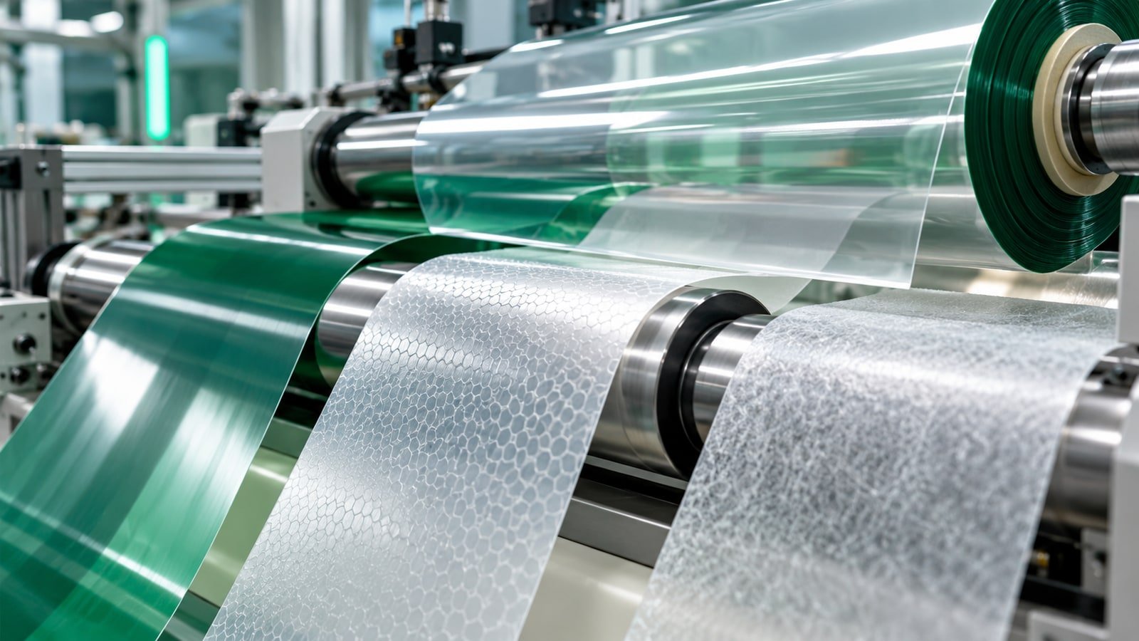 AI-generated engineered films passing through industrial rollers; not actual 3M products.