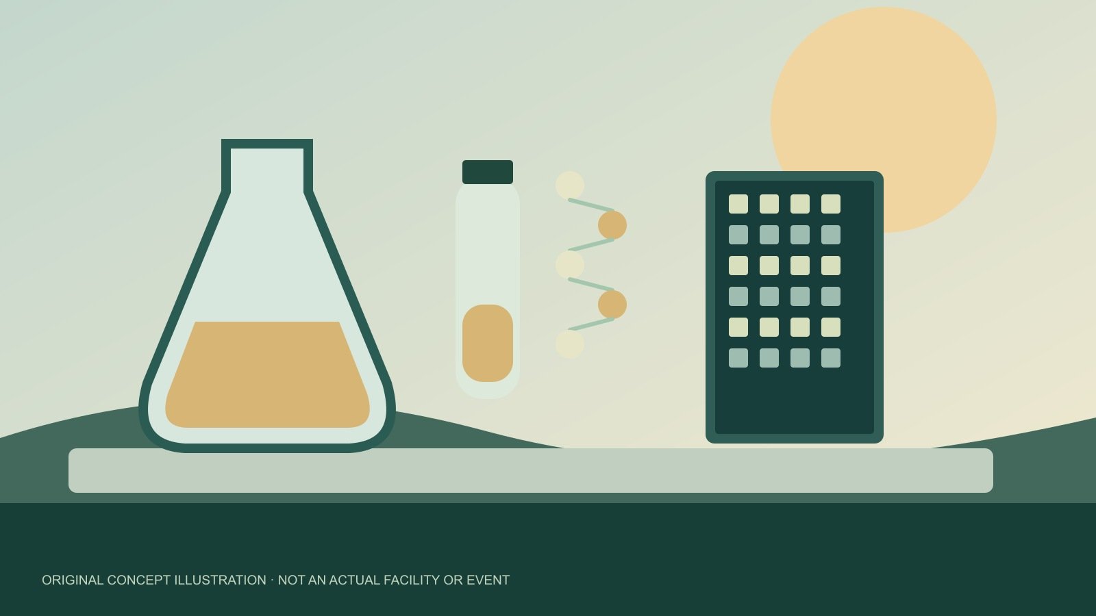 Original concept illustration of laboratory flask, sample vial and abstract molecule; not an actual issuer facility or event.