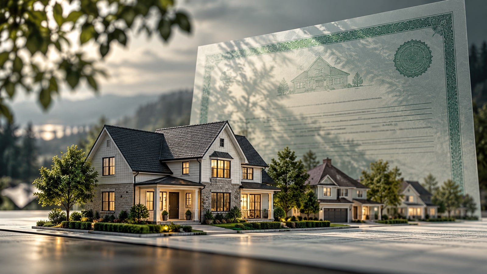 AI-generated conceptual house model and mortgage-security paperwork.