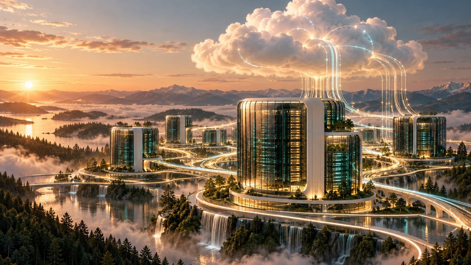 Original CapKet AI-generated conceptual illustration of an abstract cloud-computing campus; not an actual issuer product, facility or event photograph.