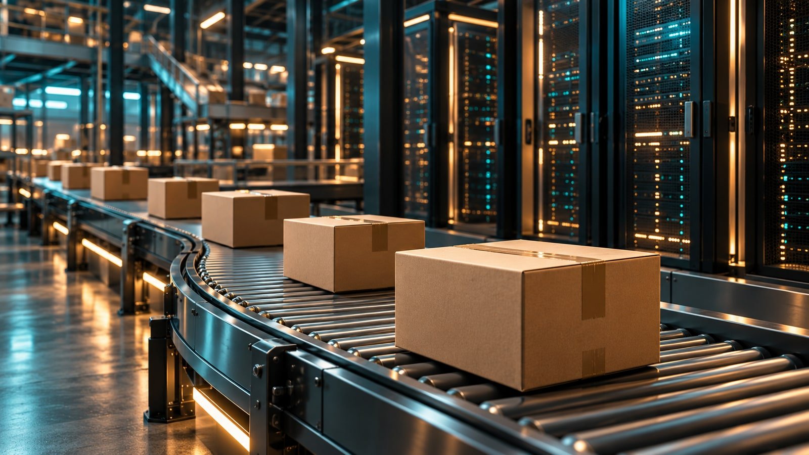 AI-generated concept of a generic logistics conveyor and data-centre setting; not an actual issuer photograph.