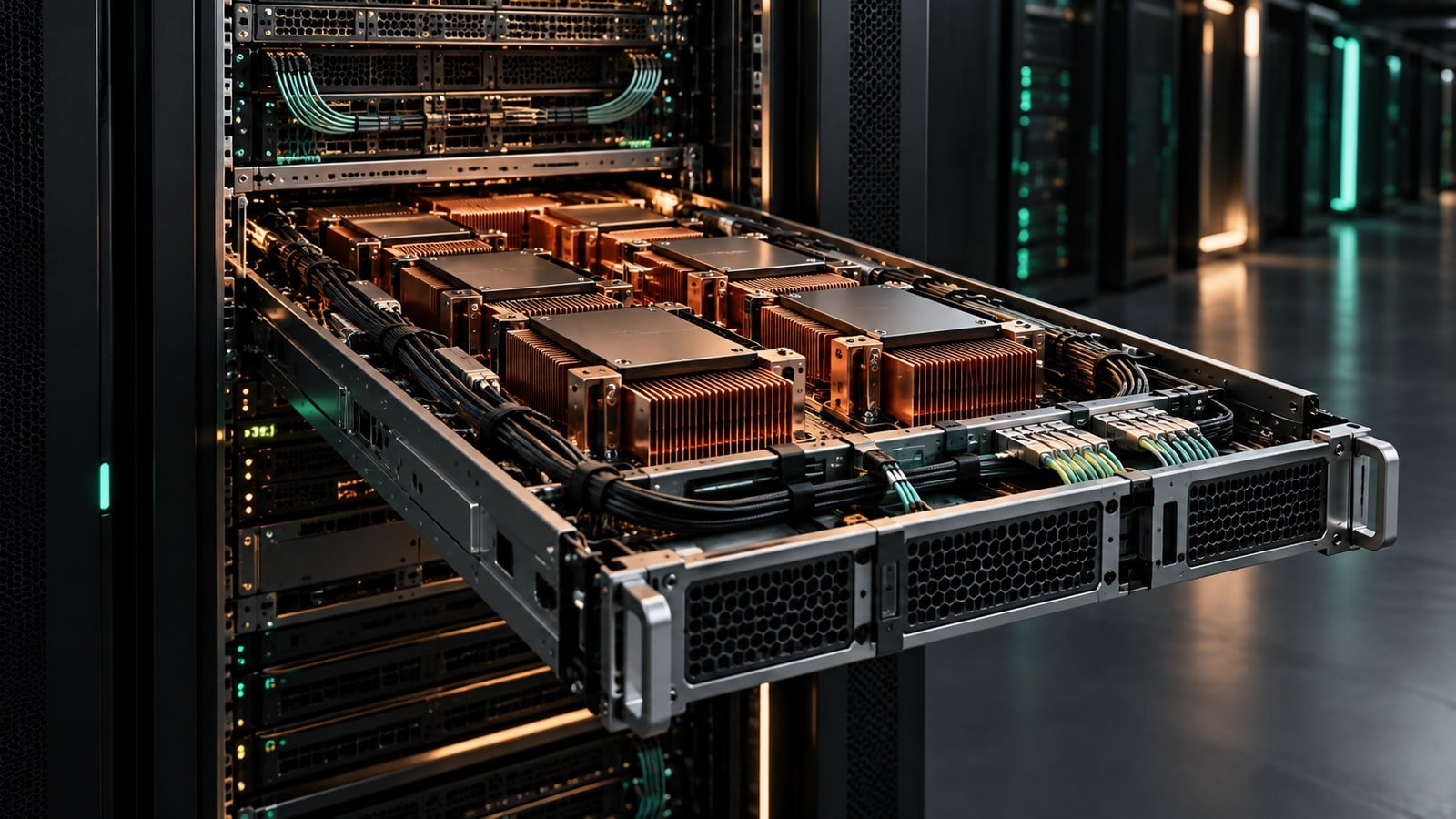 AI-generated conceptual illustration of unbranded AI accelerator tray and server racks; not an actual issuer product, facility or event.