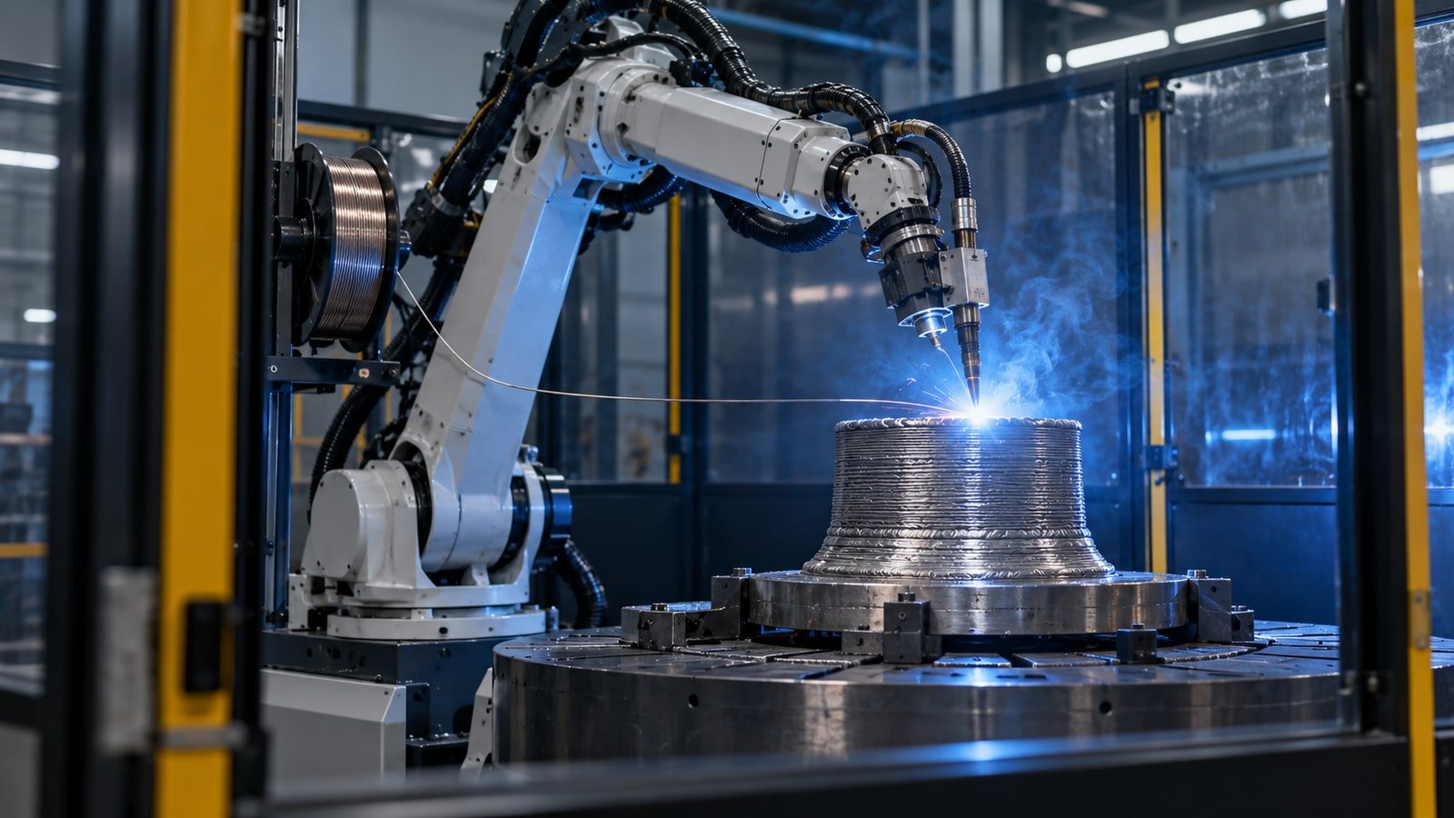 AI-generated conceptual illustration. Generic wire-arc metal-printing robotic cell; not actual ARCEMY equipment or a Northrop Grumman facility.
