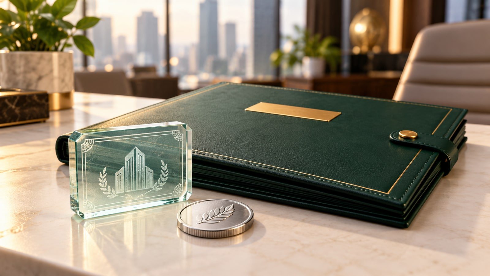 AI-generated green shareholder-register folder, glass corporate-share tile and silver token; not an actual Angel One account record or payment proof.