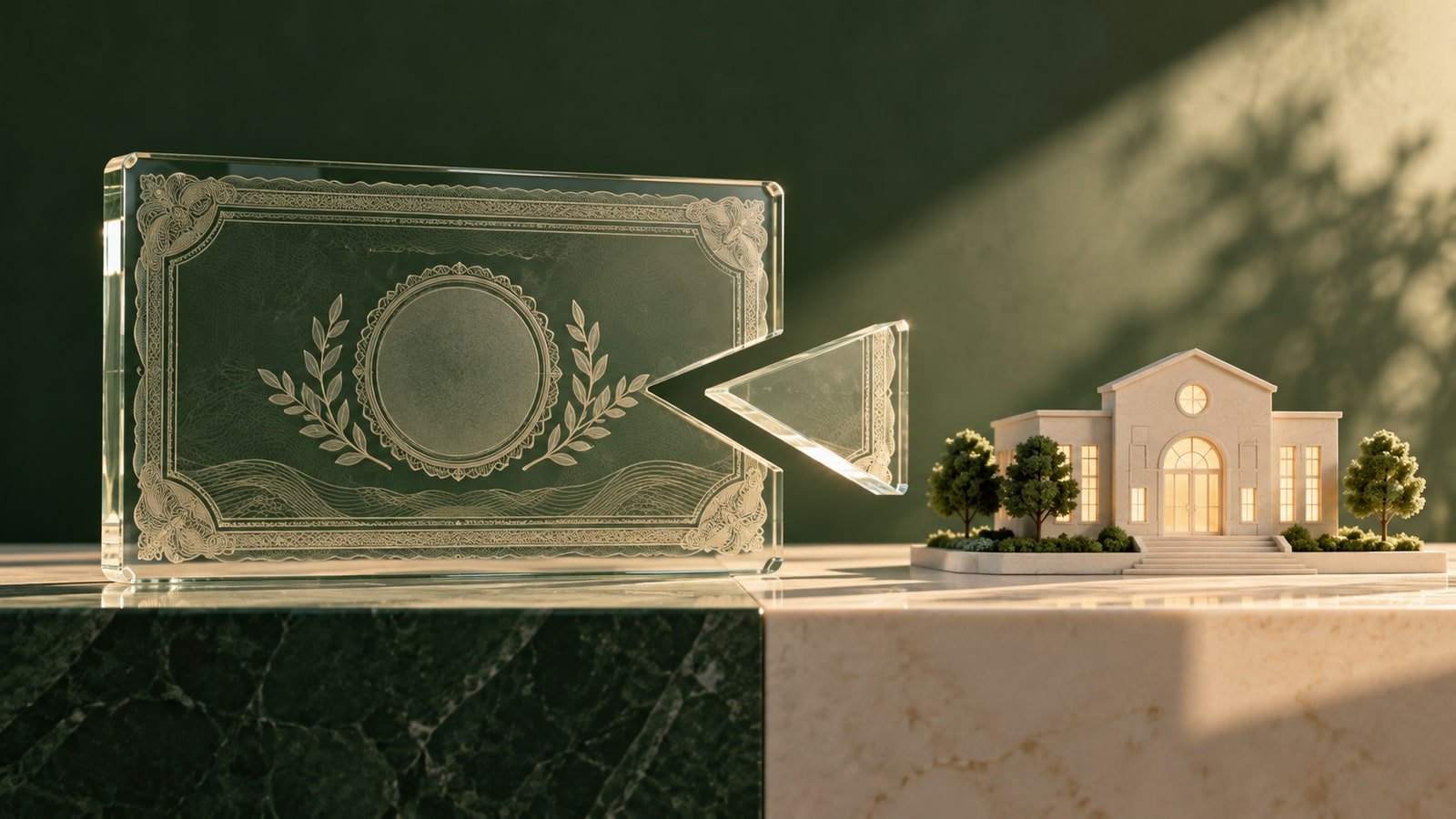AI-generated glass equity panel with a separated portion beside a community-building model; not an Anthropic document or event.