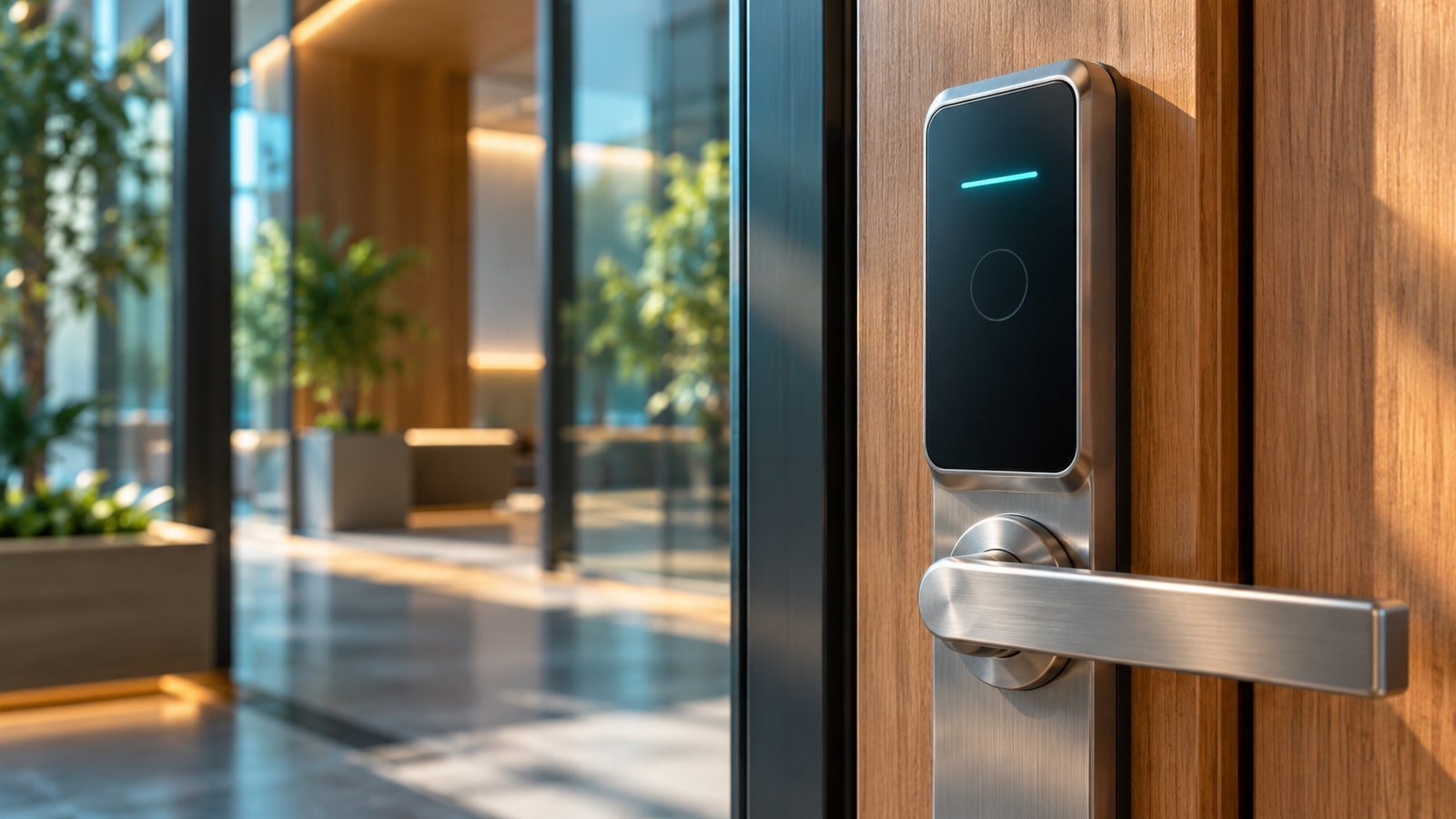 AI-generated concept: generic electronic access lock and architectural doorway. Not an actual issuer product, facility or event.