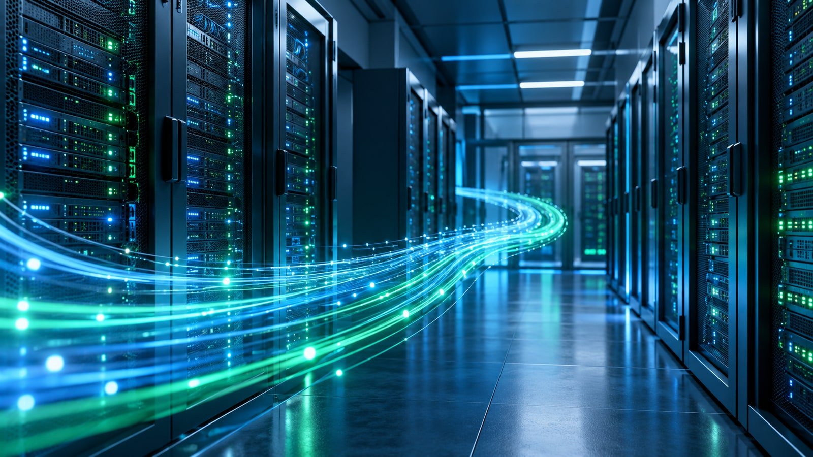 AI-generated enterprise server racks and conceptual luminous data pathway.