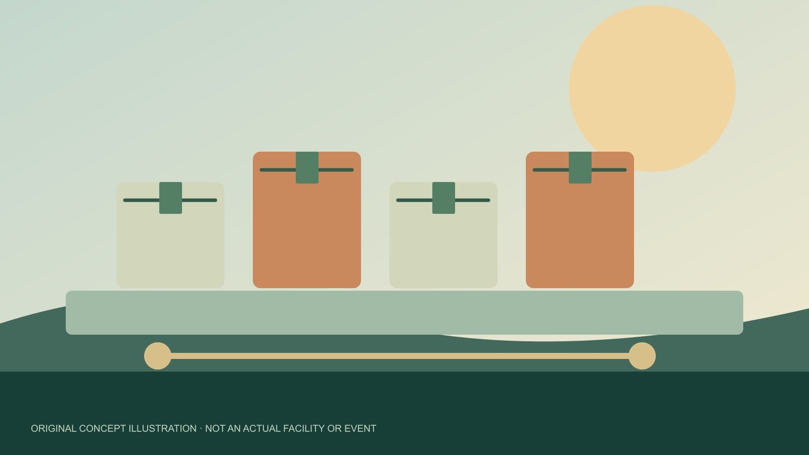 Original concept illustration of unbranded cartons on a stylised production line; not an actual issuer facility or event.