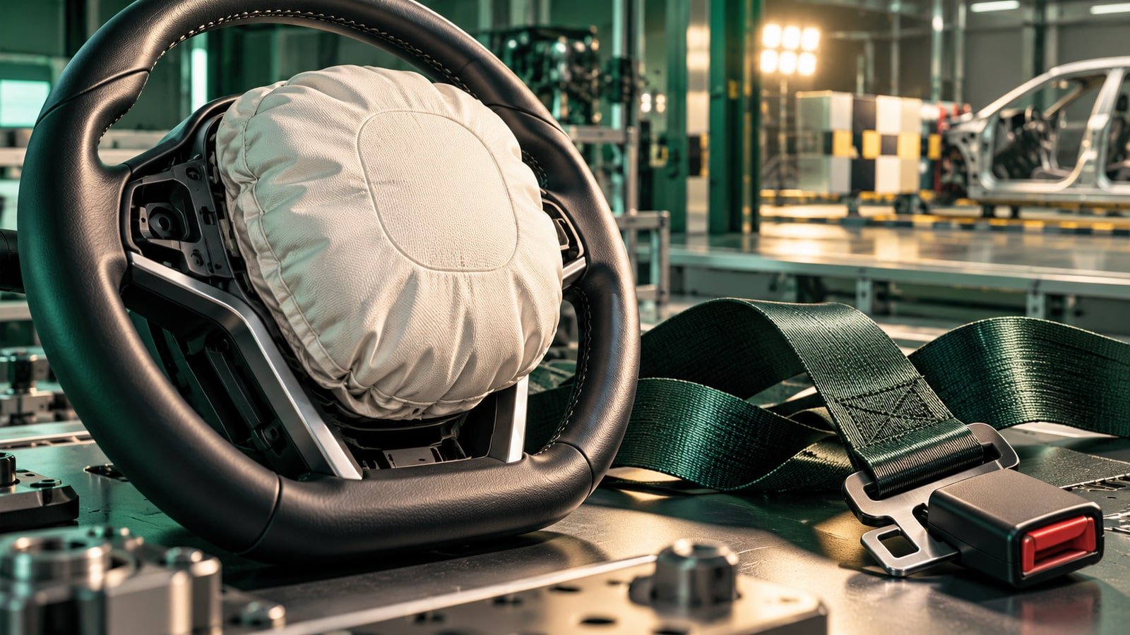 AI-generated concept of a generic airbag and seatbelt in a safety-engineering workspace, not an Autoliv facility.