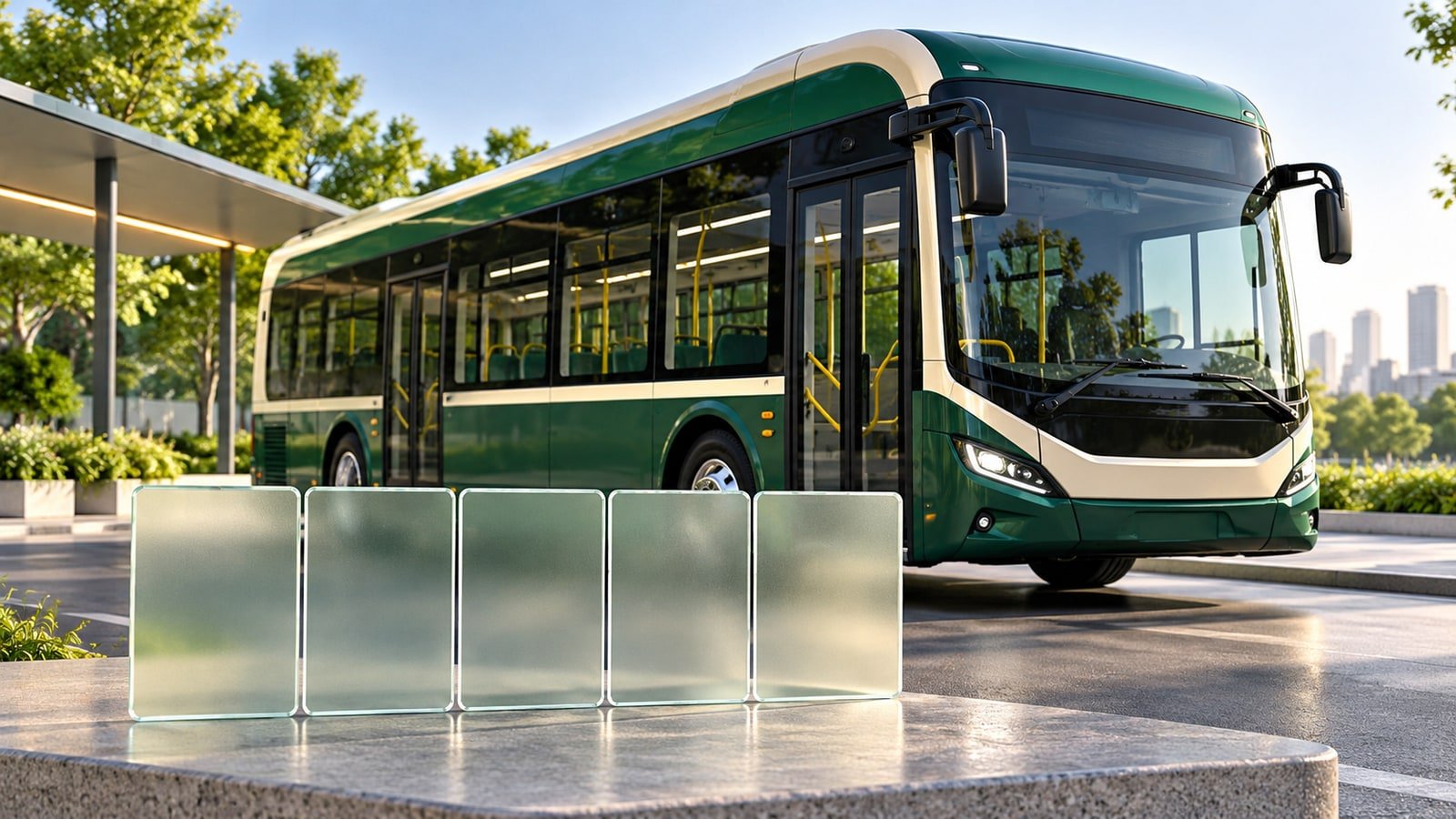 AI-generated unbranded electric bus and segmented glass tiles; conceptual illustration, not an actual Azad India vehicle.