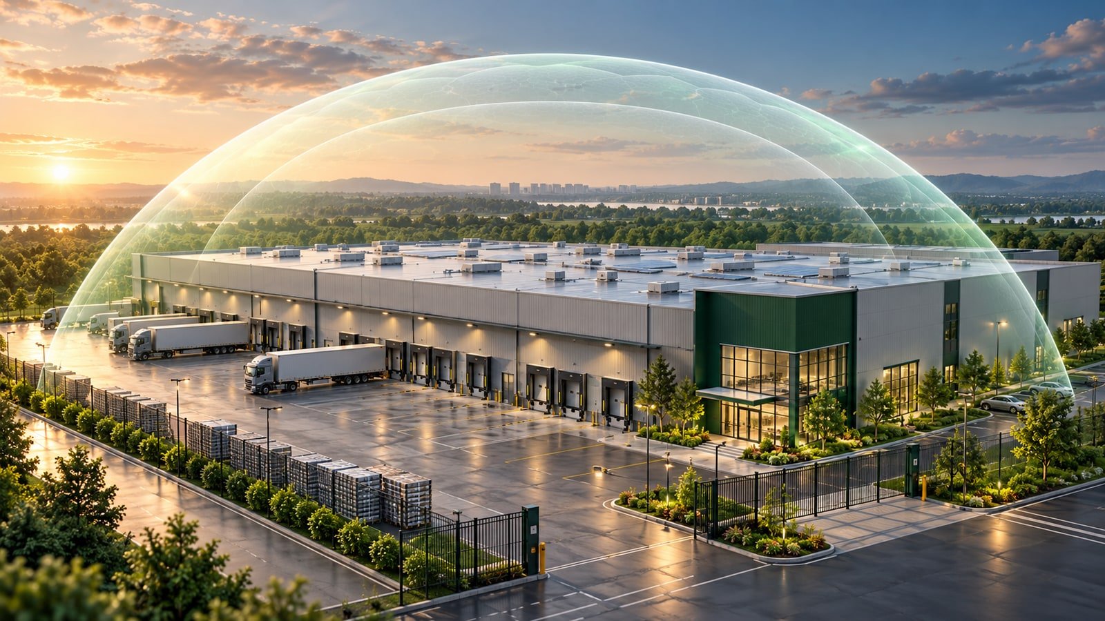 AI-generated conceptual insurance canopy over a commercial warehouse.