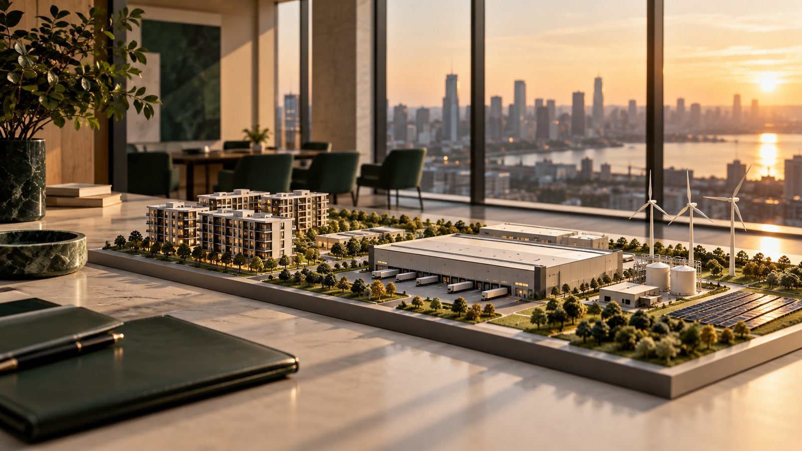 AI-generated conceptual illustration of a generic institutional investment office overlooking mixed property and infrastructure assets; not an actual Blackstone office, portfolio or event.