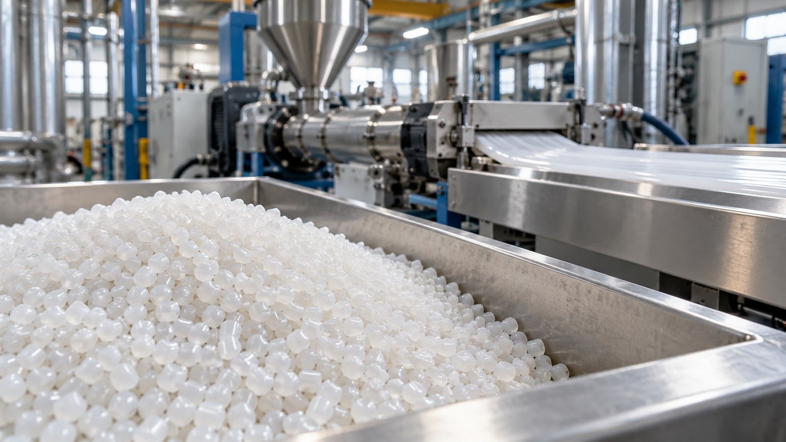 AI-generated conceptual illustration. Conceptual polymer pellets and industrial cable materials; not a photograph of a BLS Polymers facility.