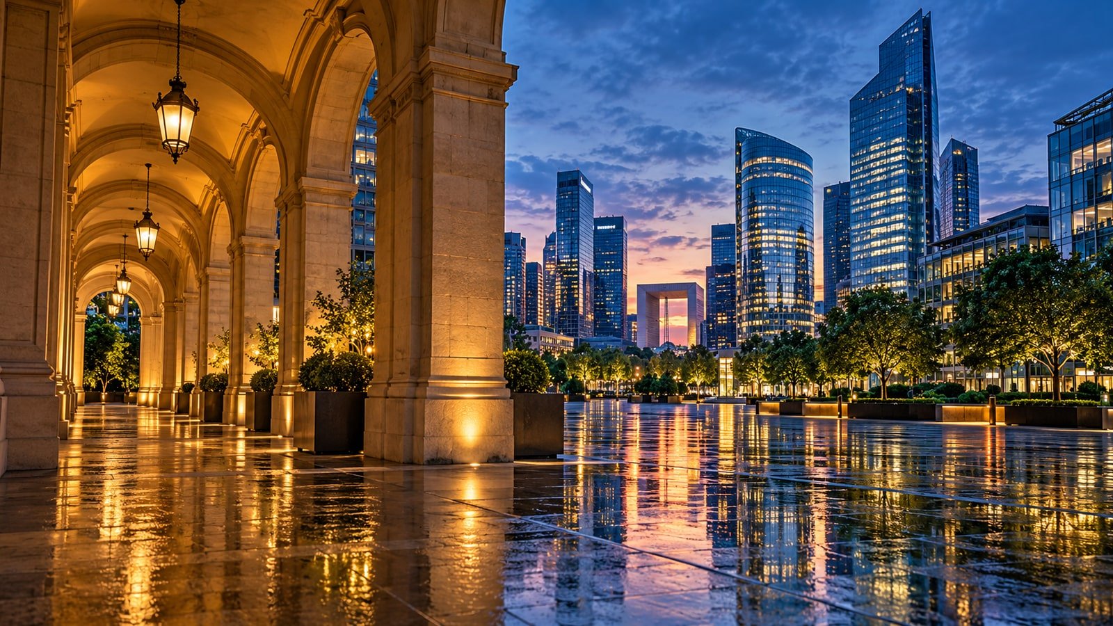 AI-generated illustration of a conceptual French financial district at blue hour; not an actual issuer facility or event.