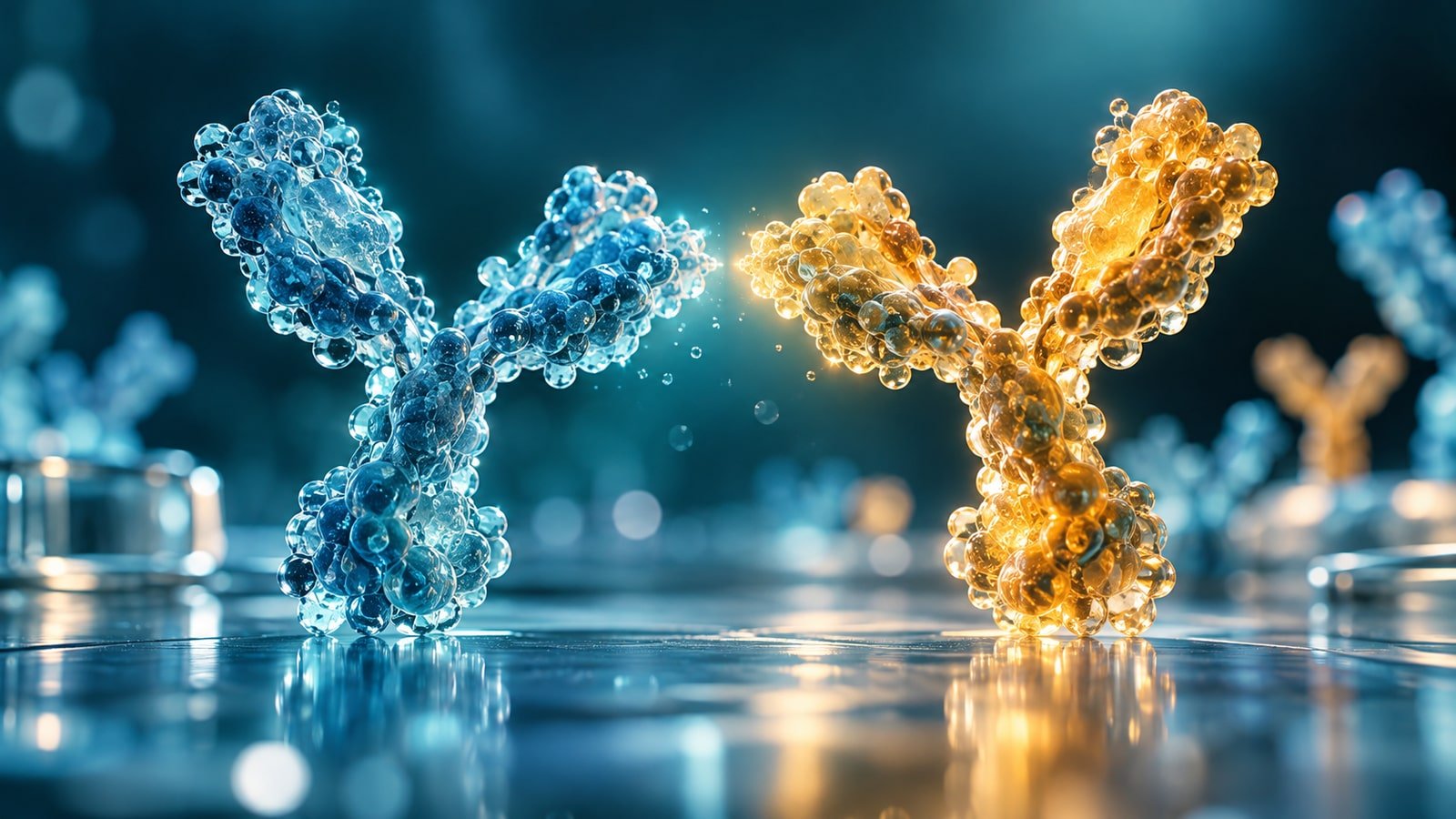 AI-generated conceptual illustration of blue and amber antibody-like glass structures, symbolizing a biotech merger; not a Bolt or Prana molecule, product or laboratory.