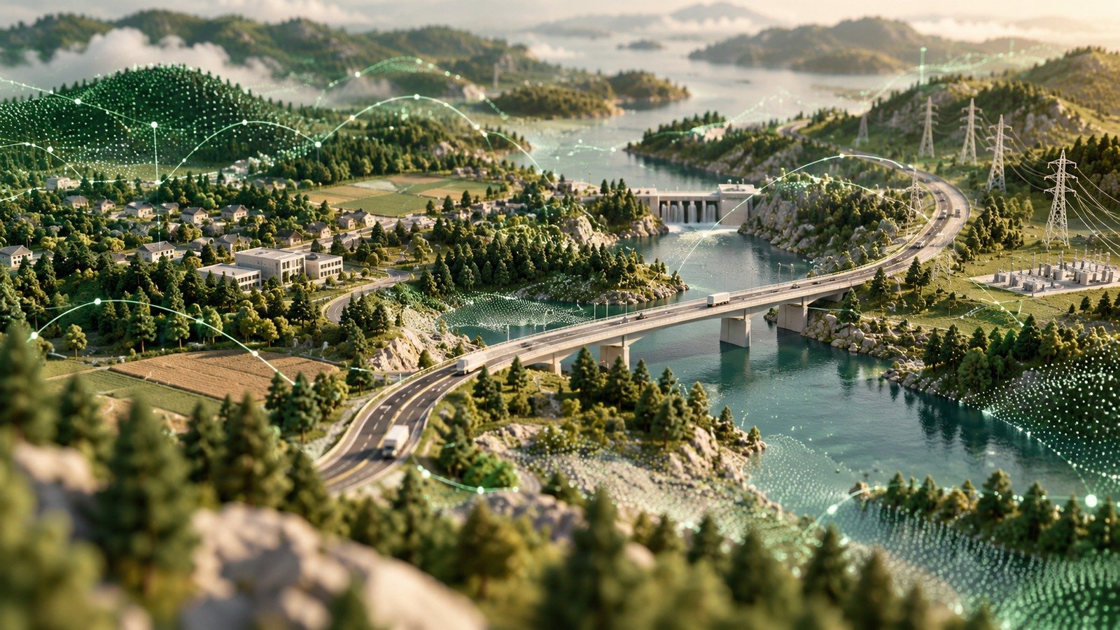 AI-generated fictional landscape with roads, bridge, utility lines and geospatial data points; not a real Bowman project or map.