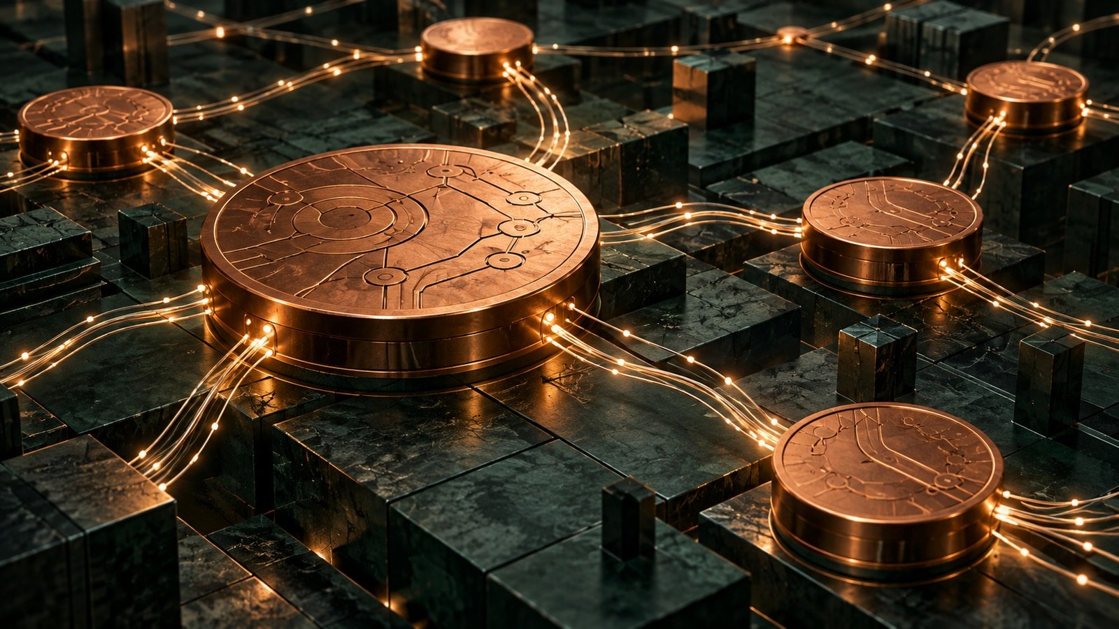 AI-generated conceptual illustration of decentralized bitcoin-related digital infrastructure; no real exchange screen, price chart or issuer premises.