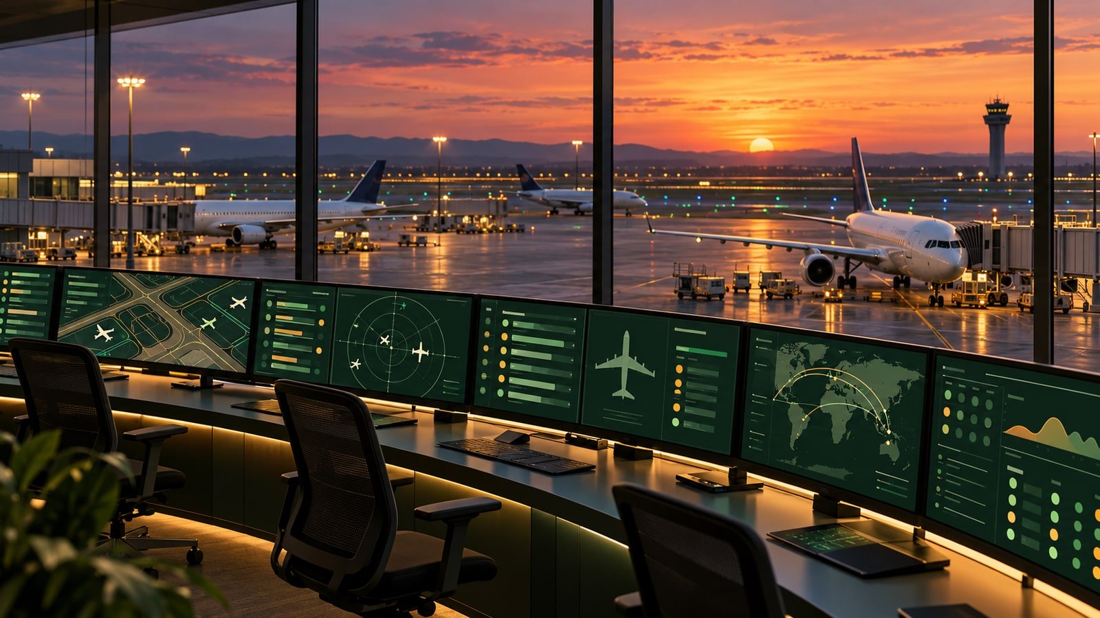 AI-generated concept: Fictional airport operations control room. Not an actual issuer facility, product or event.