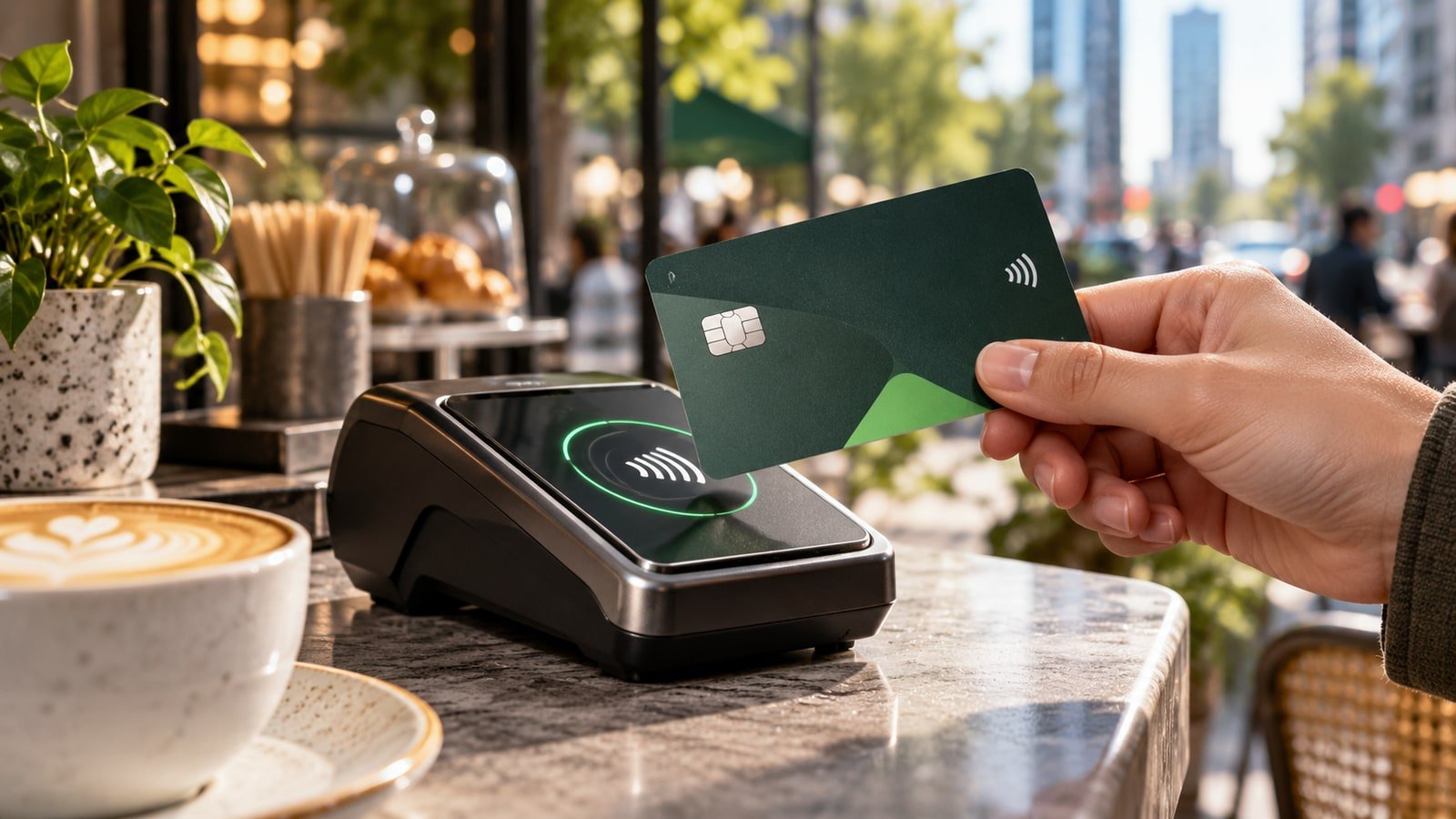 AI-generated unbranded payment card and contactless terminal at a cafe.