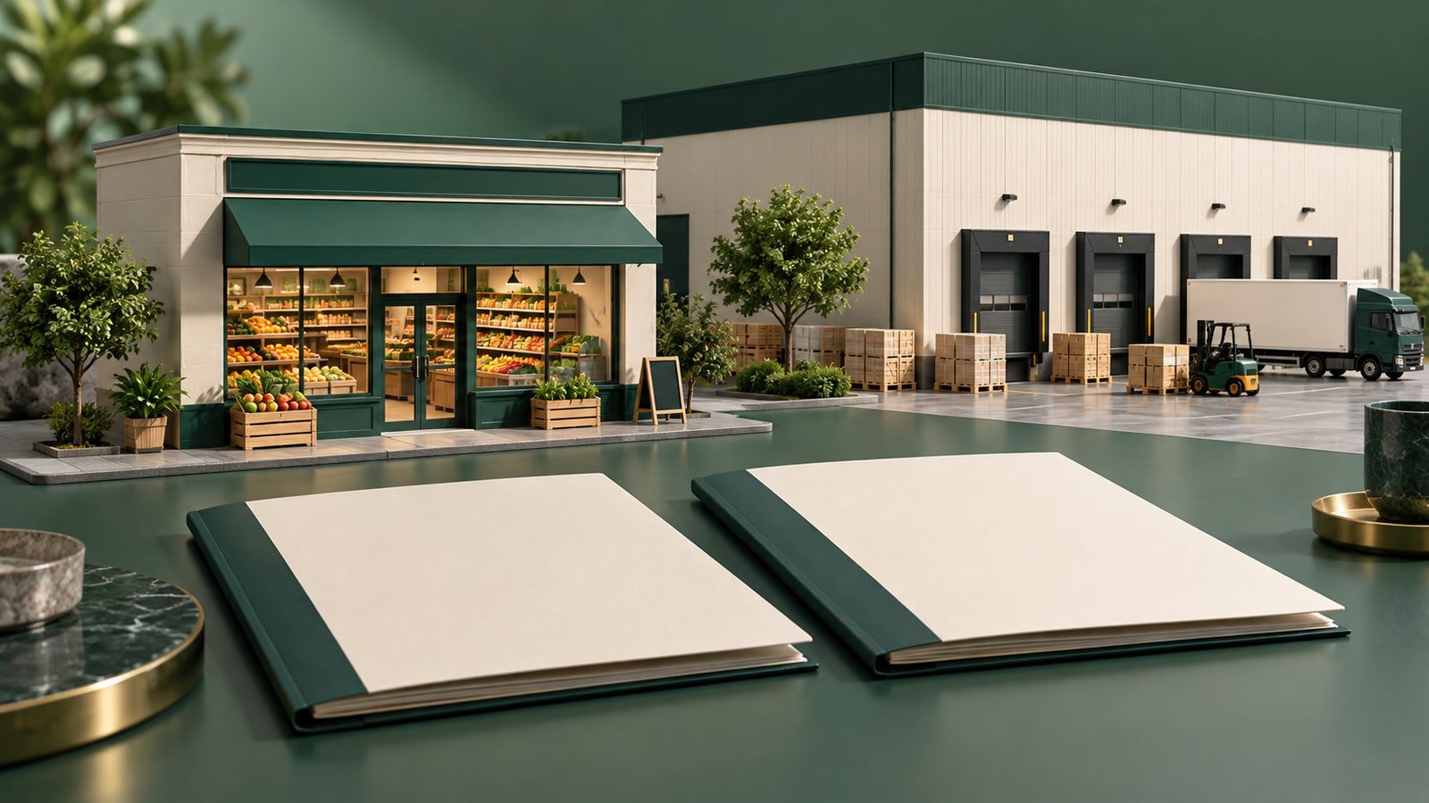 AI-generated grocery shop and distribution warehouse models beside blank folders; not a Carrefour or Codifrance facility.