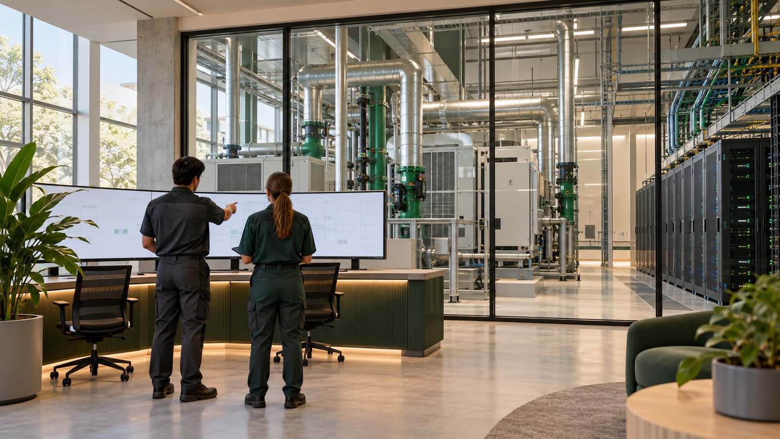 AI-generated conceptual illustration of a generic commercial building operations team beside building-control and data-centre infrastructure; not an actual CBRE property, employee or event.