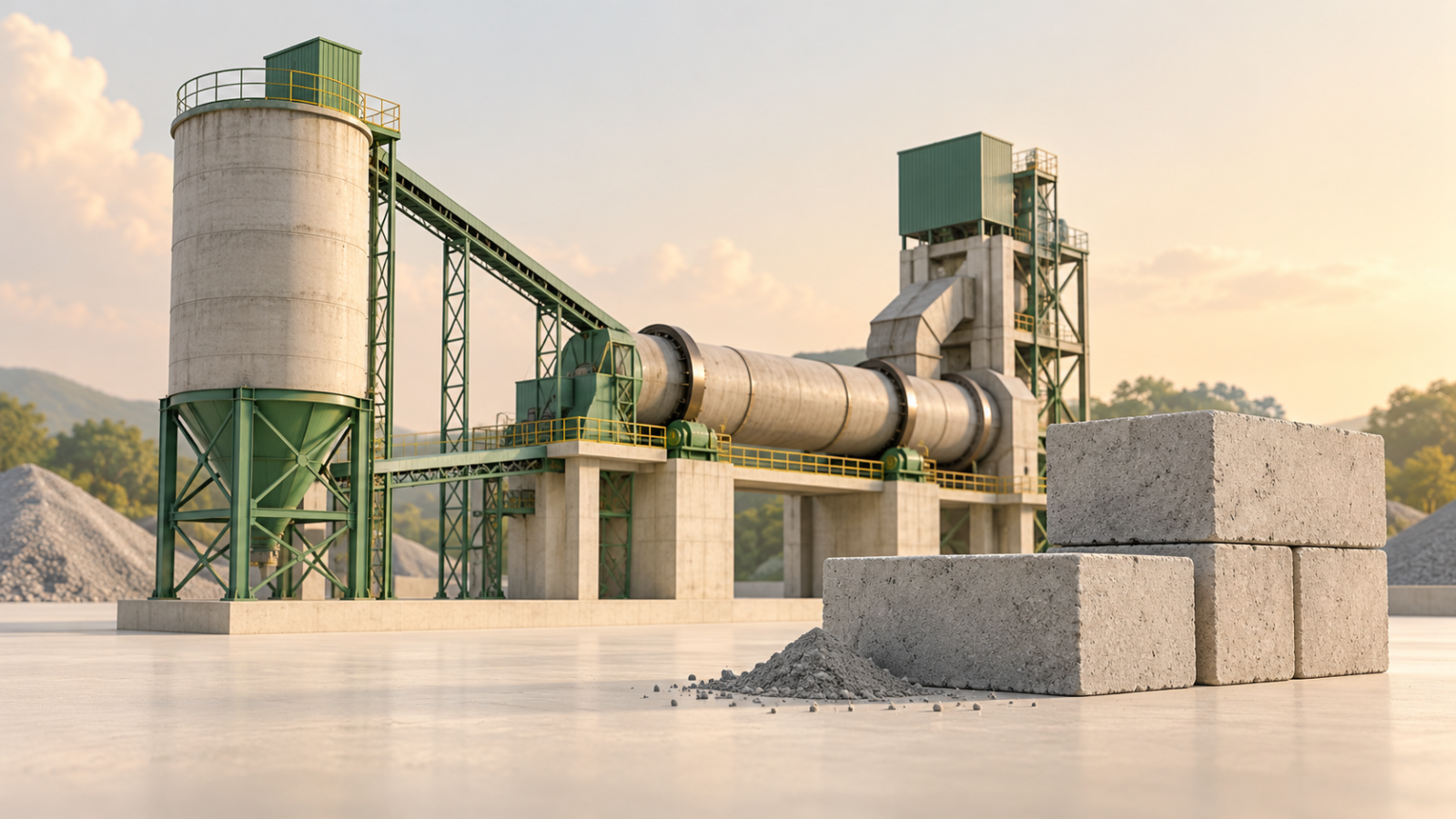 AI से बना सांकेतिक चित्र: सीमेंट भट्ठी, साइलो और कंक्रीट के ब्लॉक; India Cements के वास्तविक संयंत्र की तस्वीर नहीं।