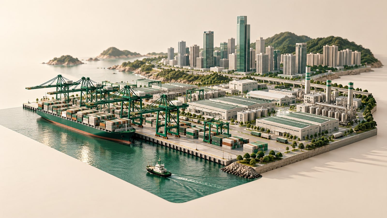 AI-generated miniature fictional port, factories and city skyline illustrating economic output; not a real Chinese location.