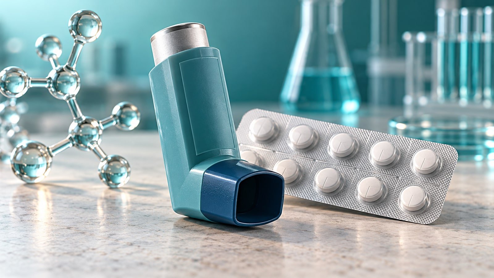 AI-generated concept: unbranded inhaler, blister pack and molecular laboratory model. Not an actual issuer product, facility or event.
