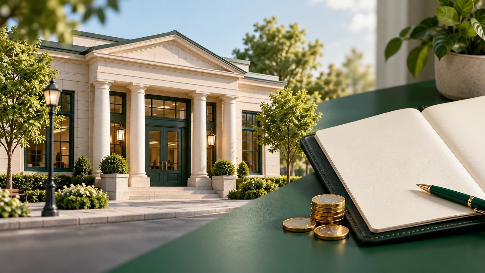 AI-generated unbranded bank beside a blank notebook and coins; not a Citizens building, financial record or payment receipt.