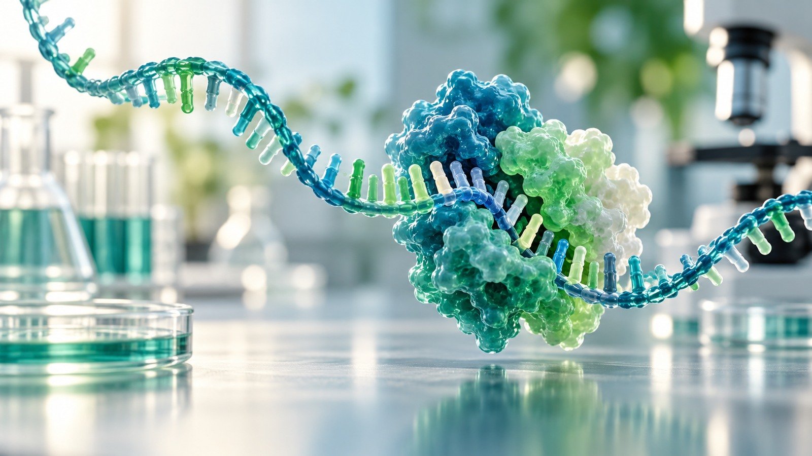 AI-generated conceptual RNA strand and molecular complex in an unbranded laboratory; not a City Therapeutics drug, real facility or clinical result.