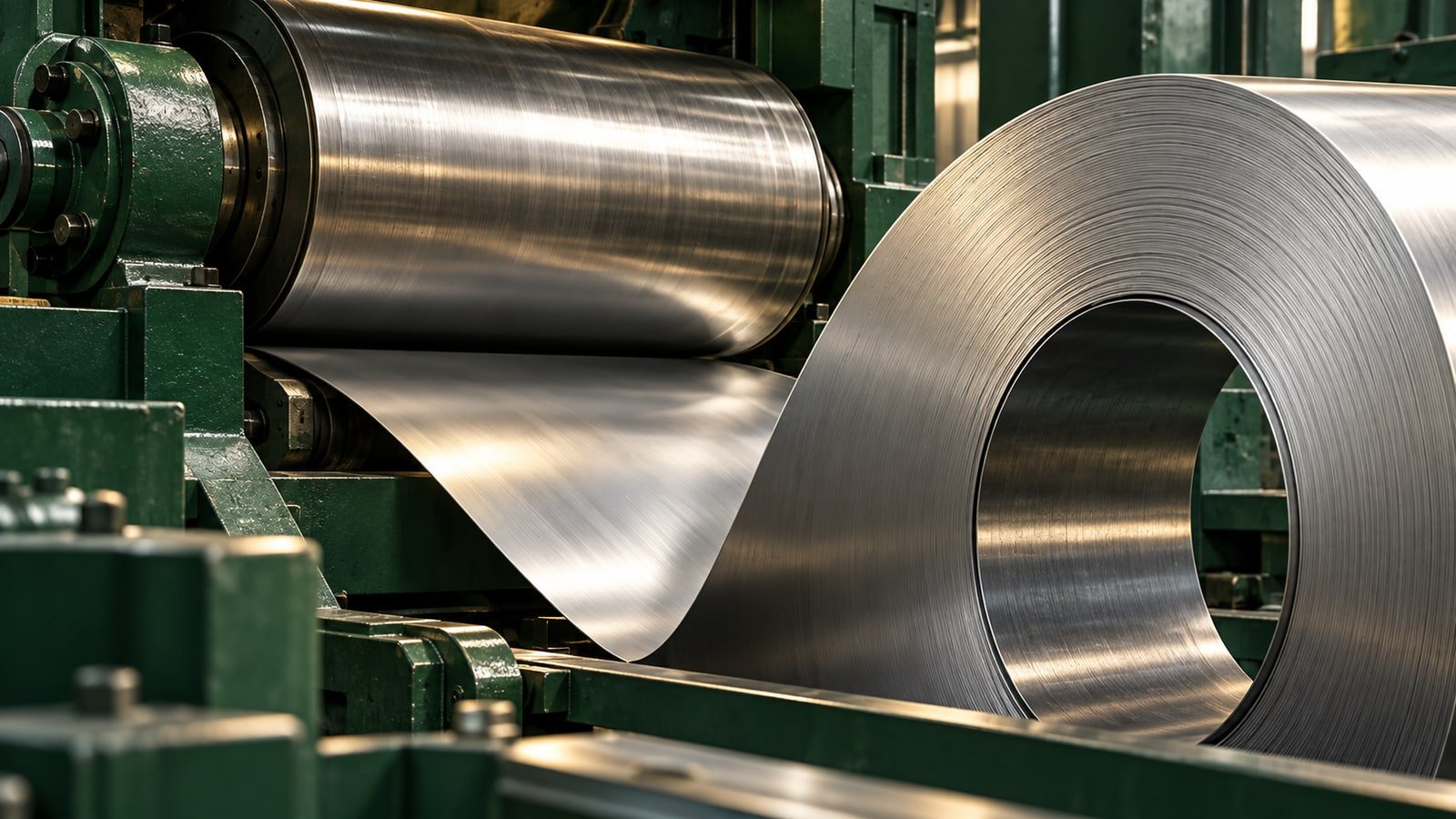 AI-generated conceptual steel coil and rolling-mill rollers; not an actual Cleveland-Cliffs facility.