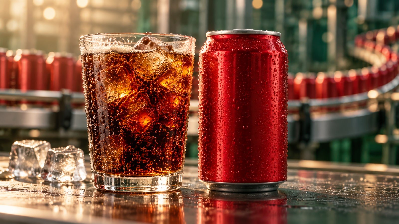 AI-generated concept: unbranded sparkling-cola glass and plain red can. Not an actual issuer product, facility or event.