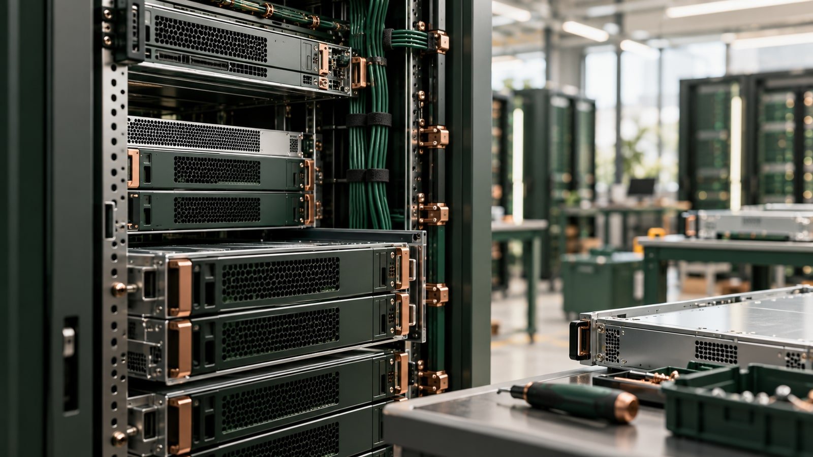 AI-generated concept. AI-generated concept. Generic server-rack integration workshop; not a real Computacenter facility.