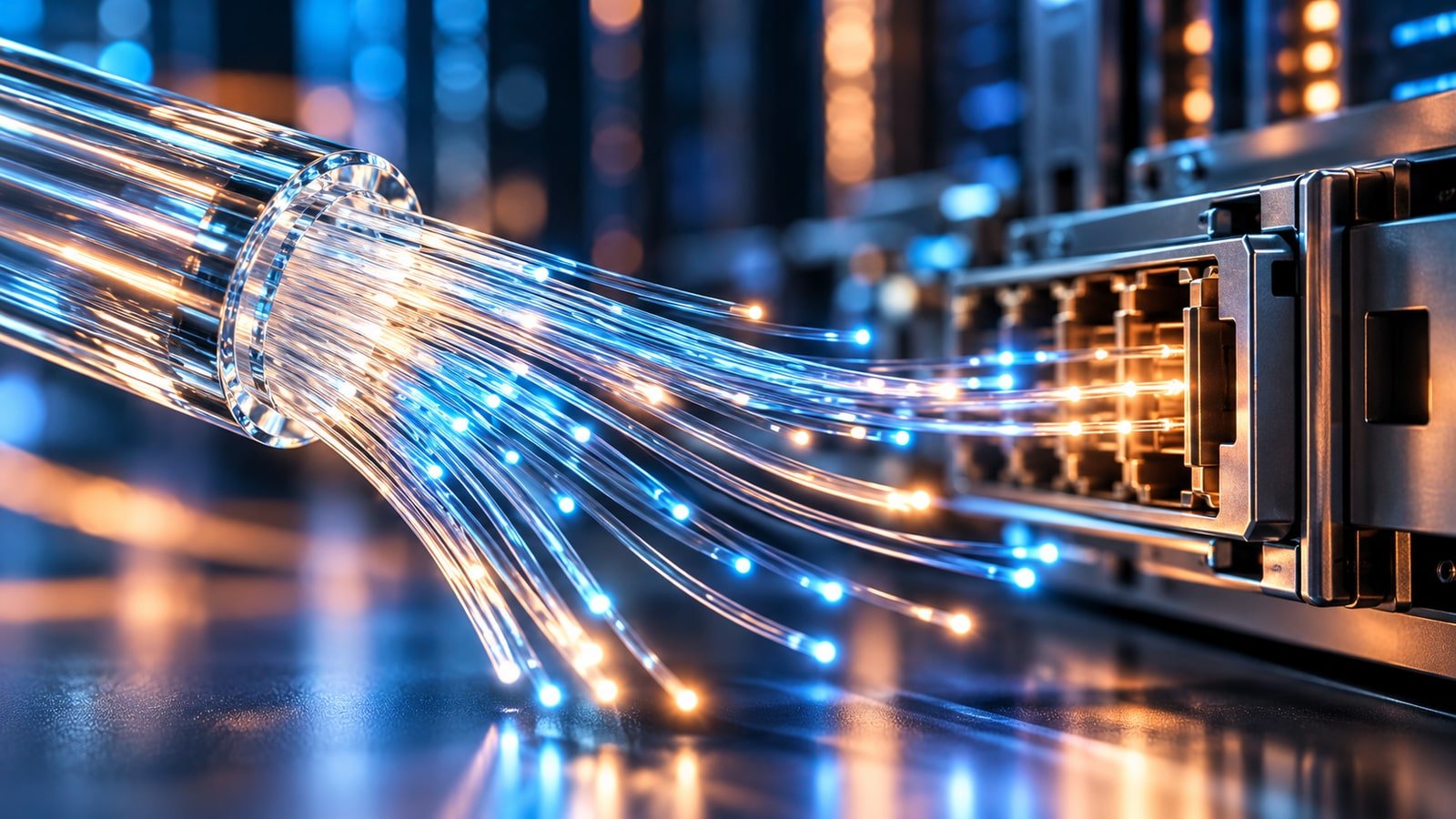 AI-generated conceptual illustration of glowing optical fibres and generic network connectors; not a real Corning product, facility or event.