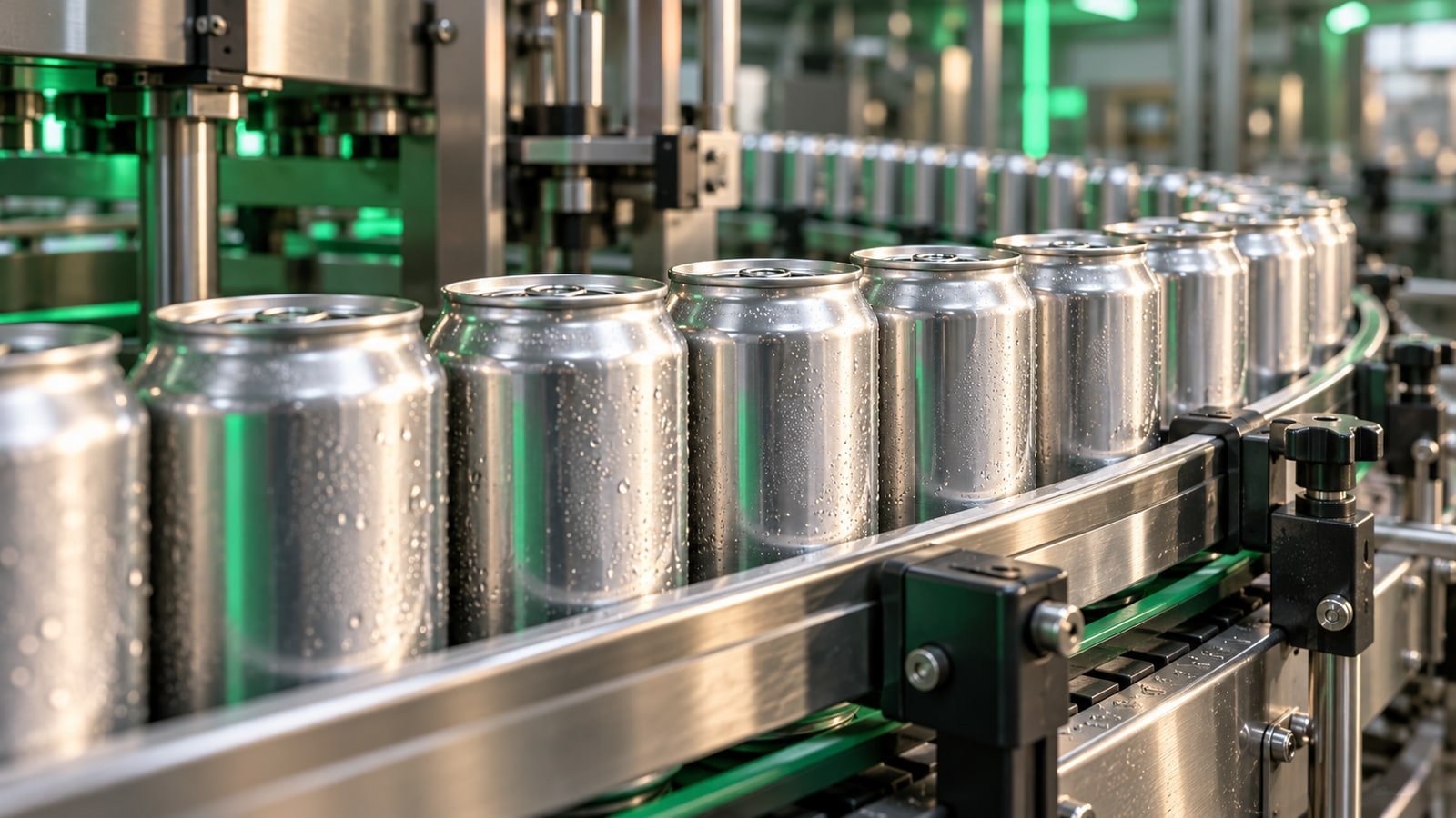 AI-generated beverage-can manufacturing concept; not an actual Crown facility.