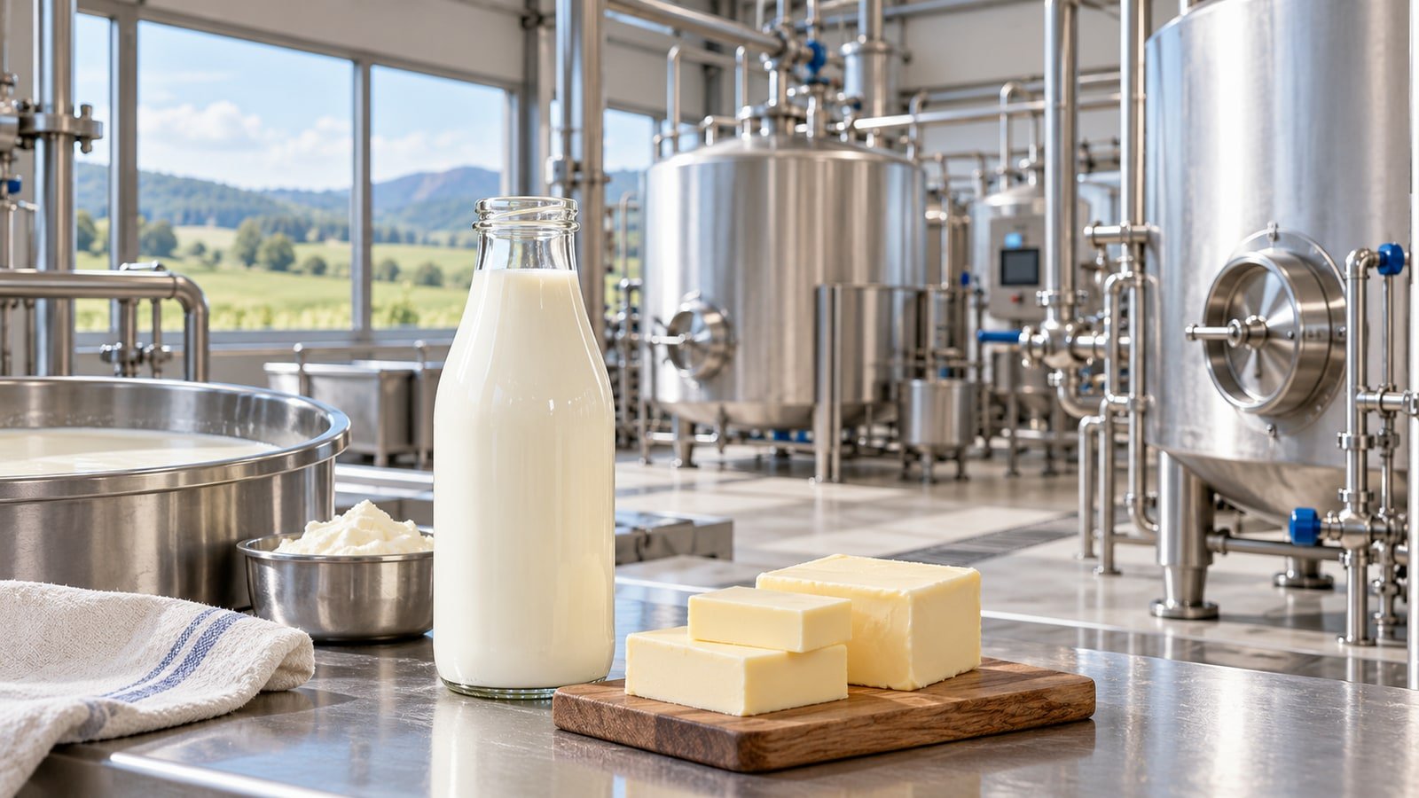AI-generated conceptual illustration of milk processing with unbranded butter and milk-powder containers; not an actual CME or EEX facility, product or event.