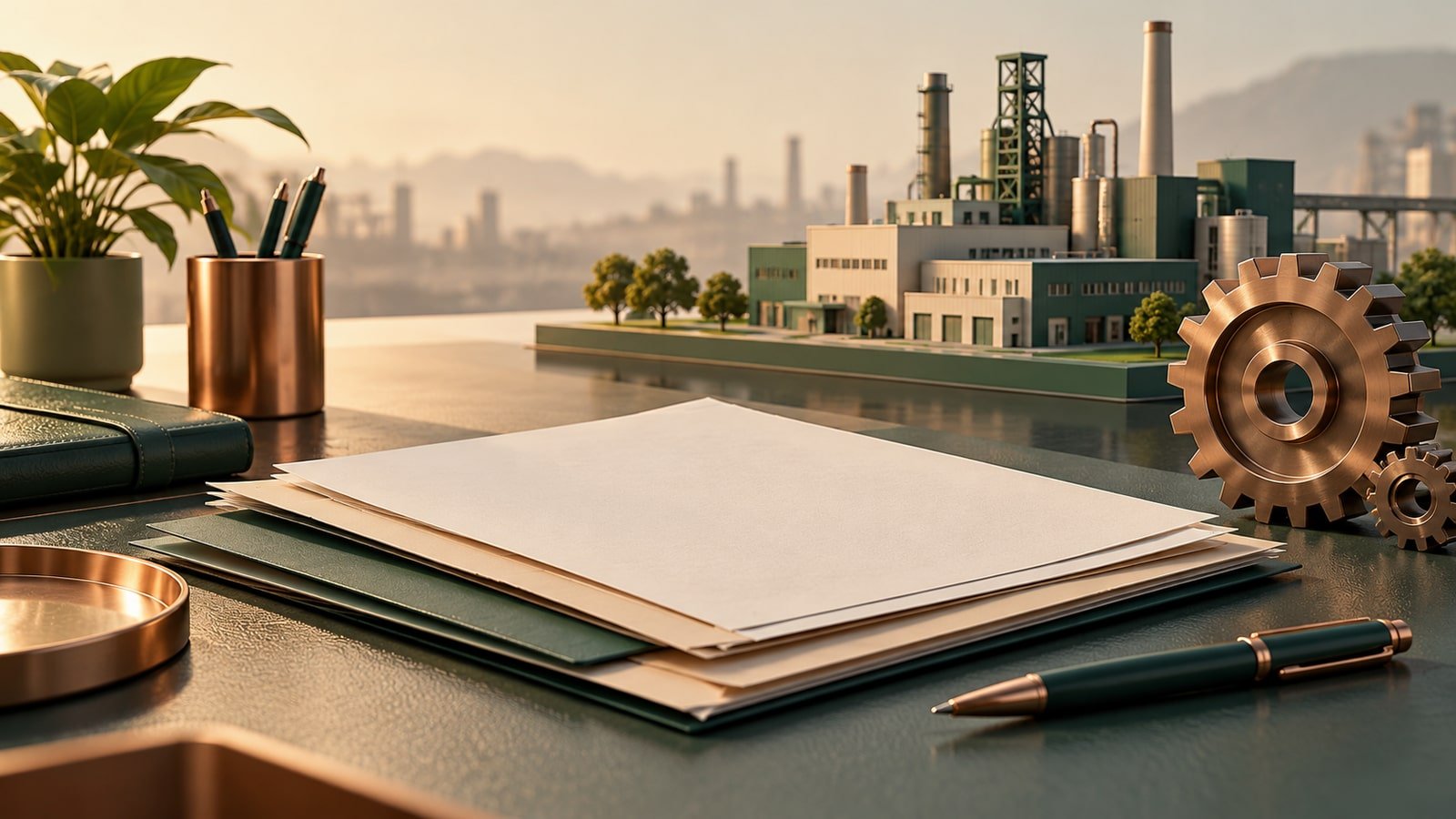 AI-generated concept: unmarked procurement documents, gear and industrial model. Not an actual issuer product, facility or event.