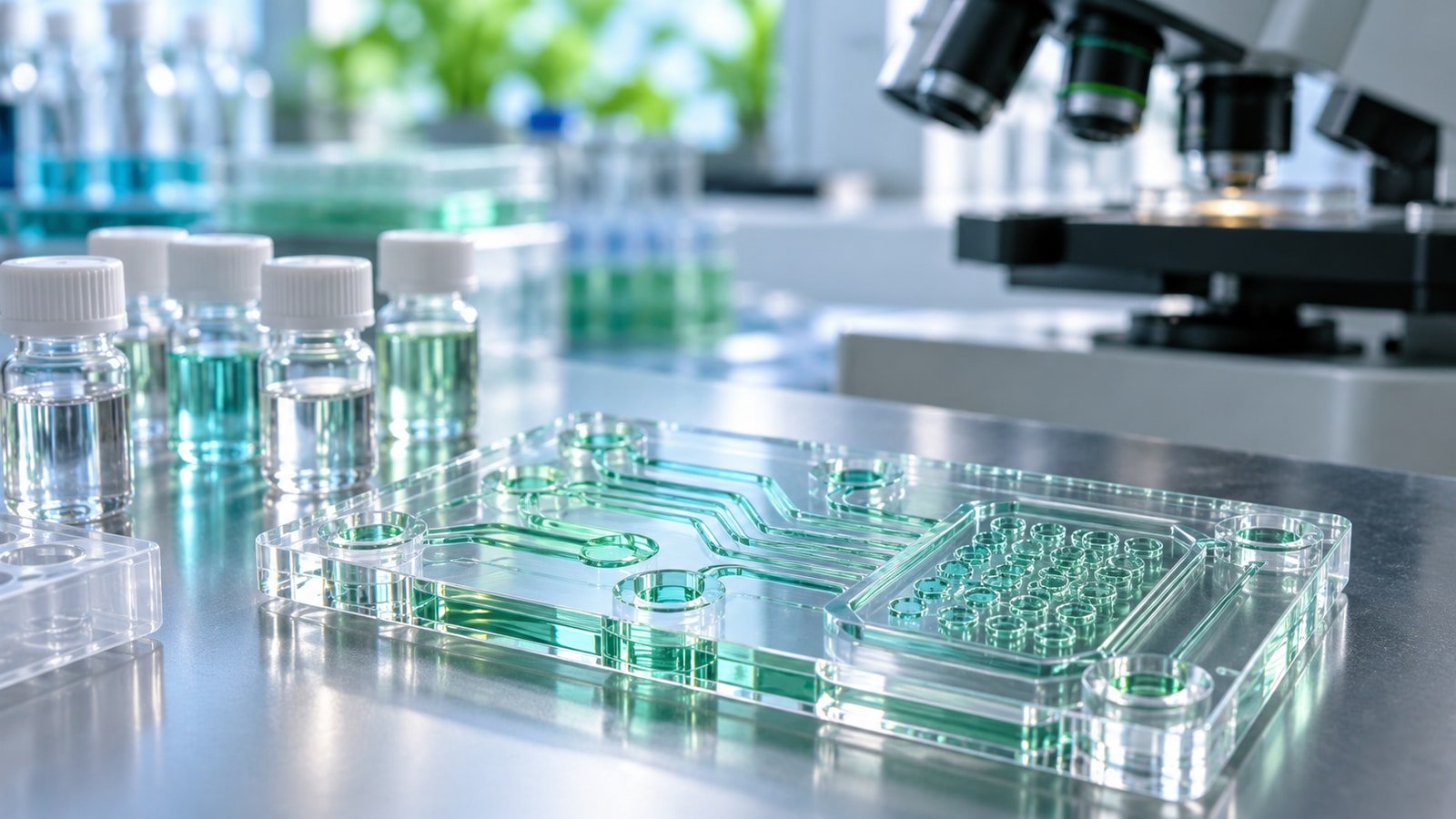 AI-generated conceptual illustration of an unbranded biotechnology research laboratory with generic specimen vials; not a Disc Medicine facility, product or trial event.