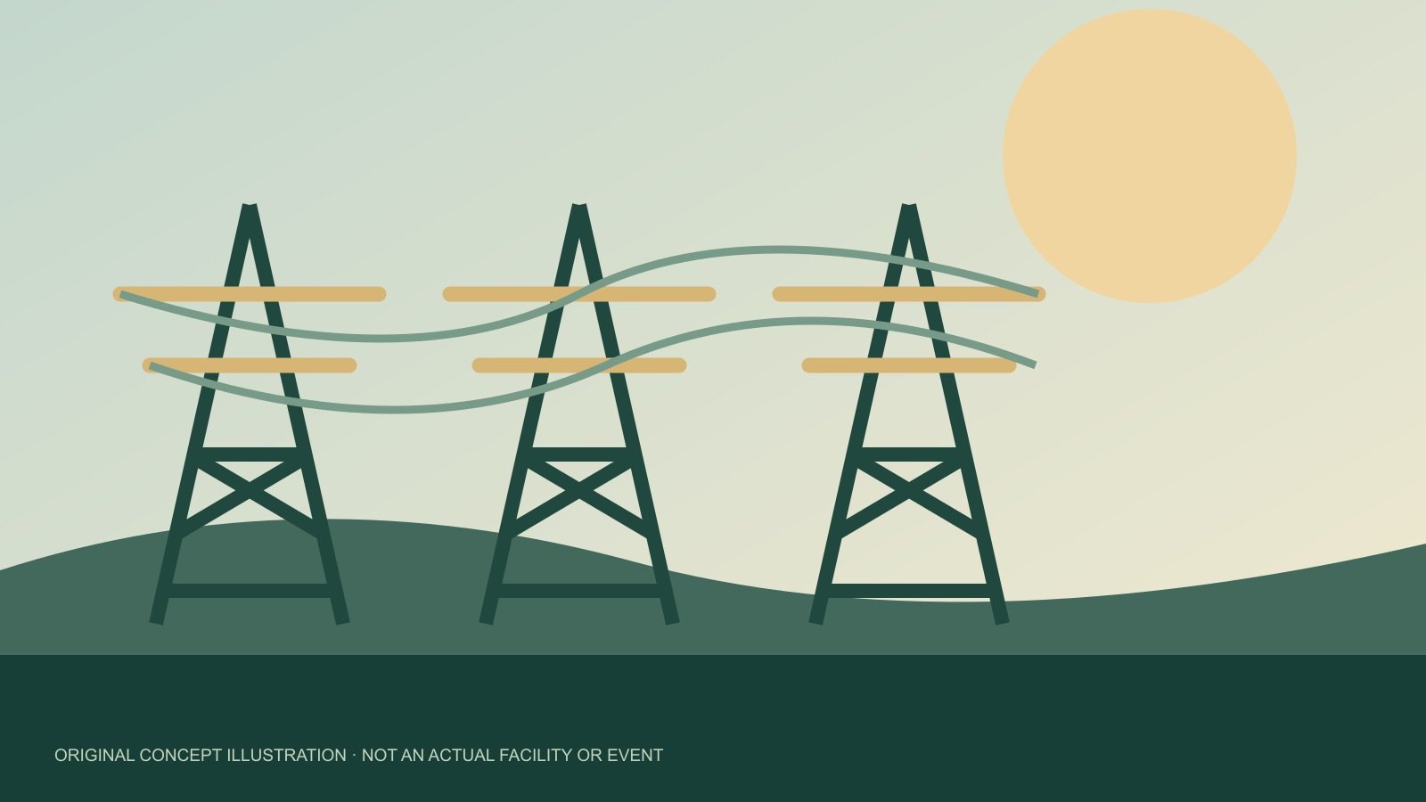 Original concept illustration of stylised electricity transmission towers; not an actual issuer facility or event.