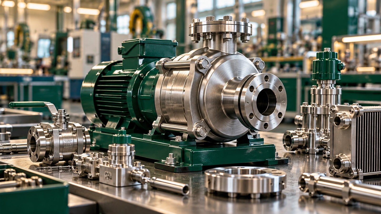 AI-generated conceptual illustration of generic precision pumps, coding equipment and industrial thermal components in a modern workshop; not an actual Dover factory, product or event.