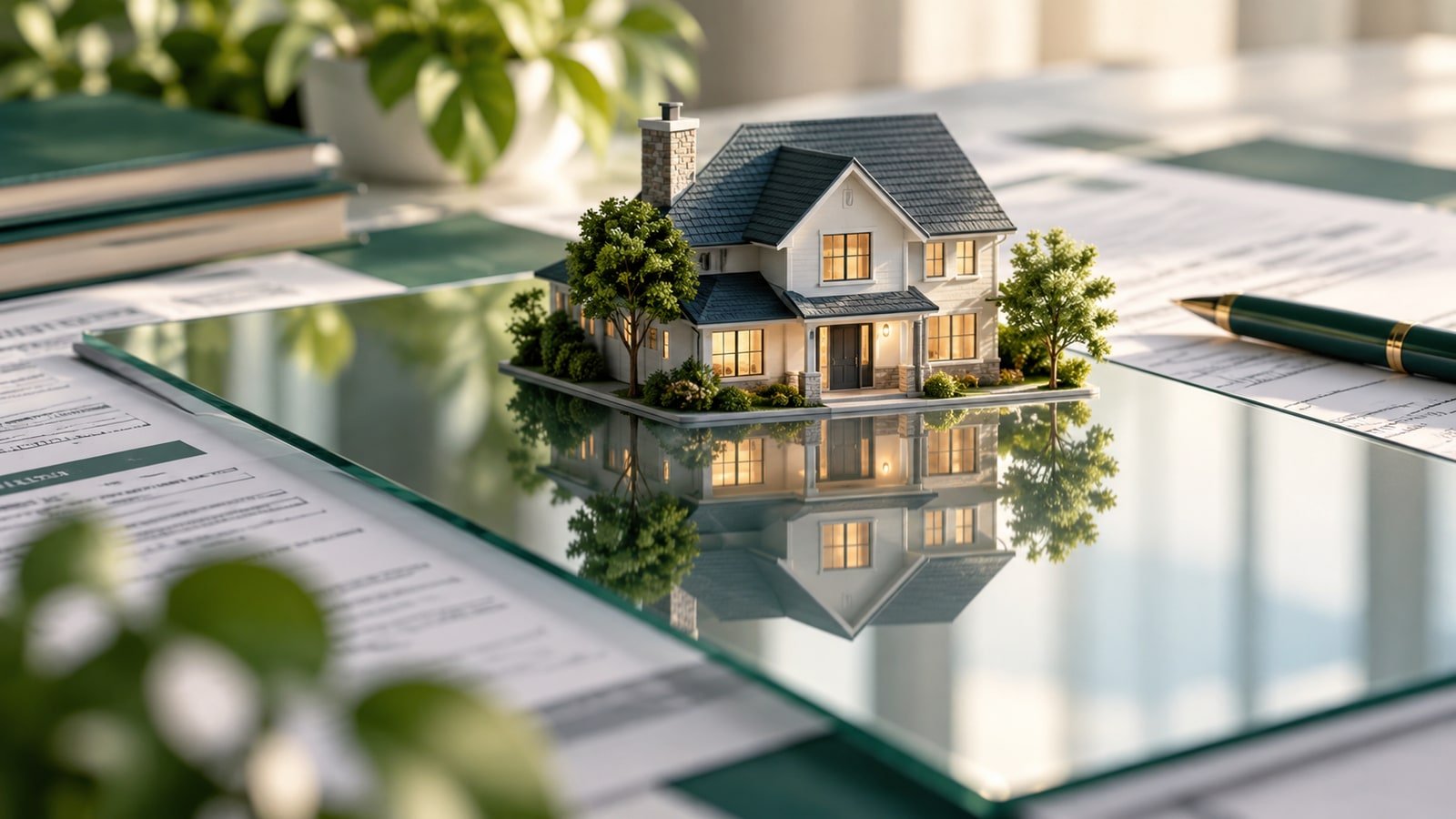 AI-generated model house reflected over conceptual mortgage paperwork.
