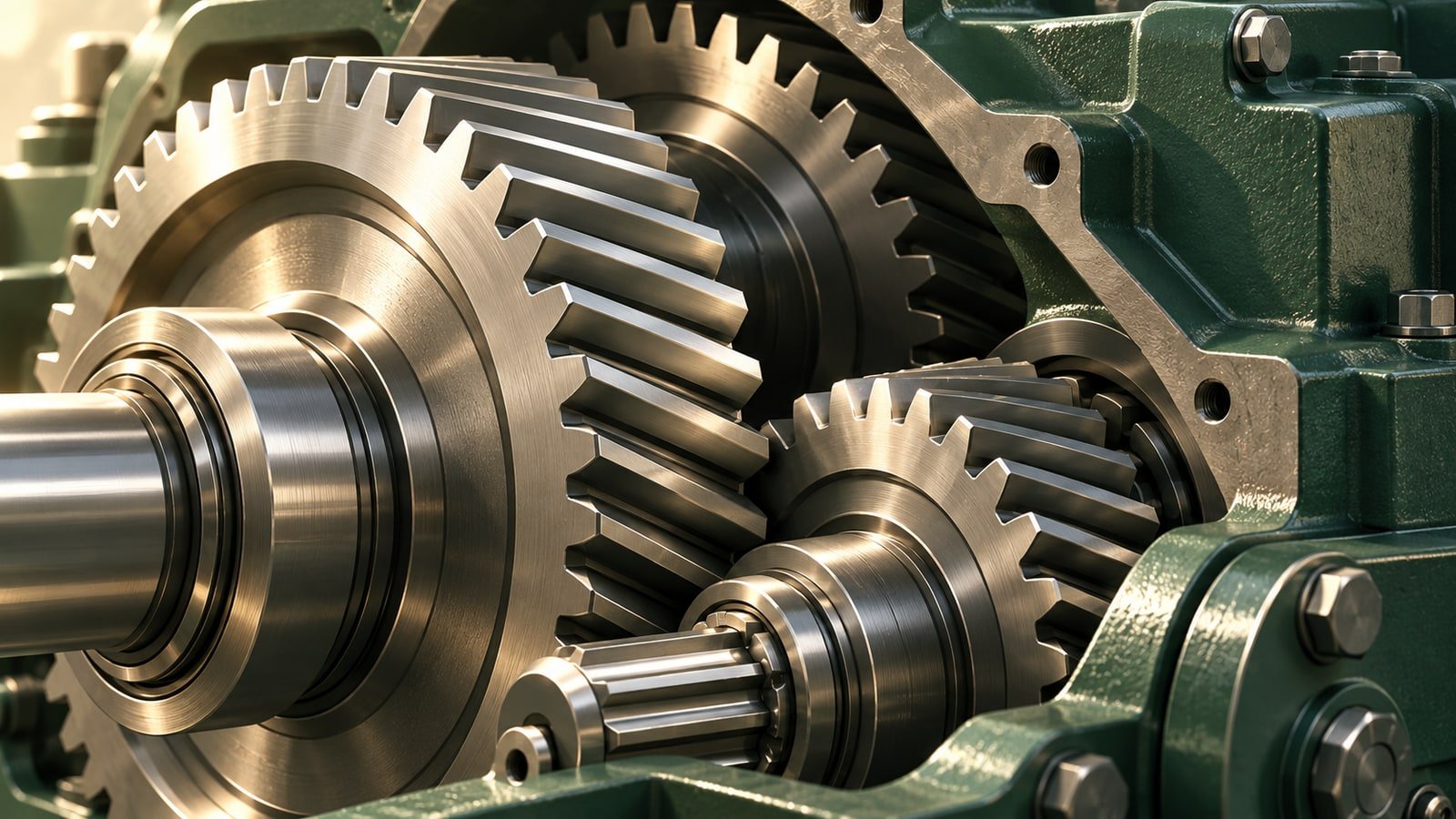 AI-generated precision steel gears and green gearbox housing; conceptual illustration, not an actual Elecon product.